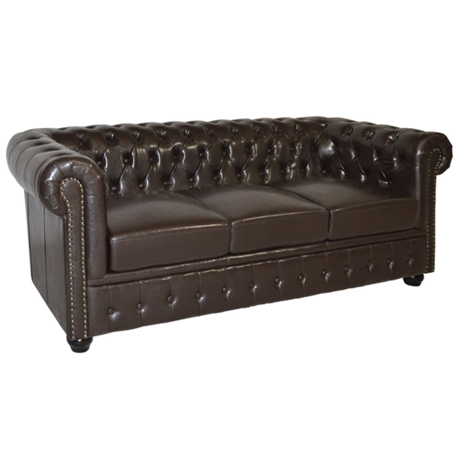 Софа 3 места Chesterfield тип темно кафеава Вештачка Кожа 208x90x73 cm