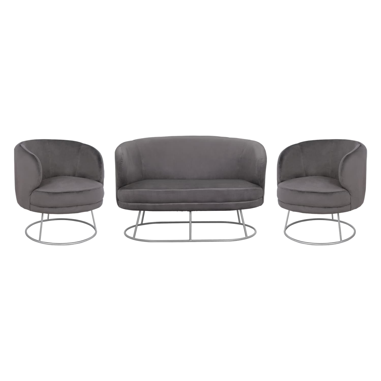 Set Living Room 2 Seater & 2 Armchairs Arien Grey Velvet with Silver Base