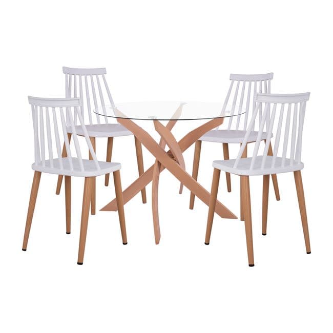 Set Dining Table 5 pieces Chairs Vanessa White & Metallic Table Round 90x74