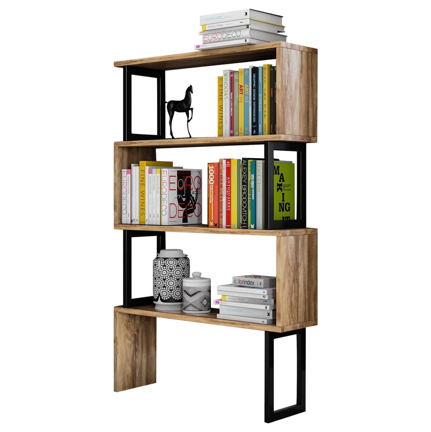 ПОЛИЦА ЗА КНИГИ ОД ОРЕШ СО ЦРНА РАМКА 80x22x128cm.