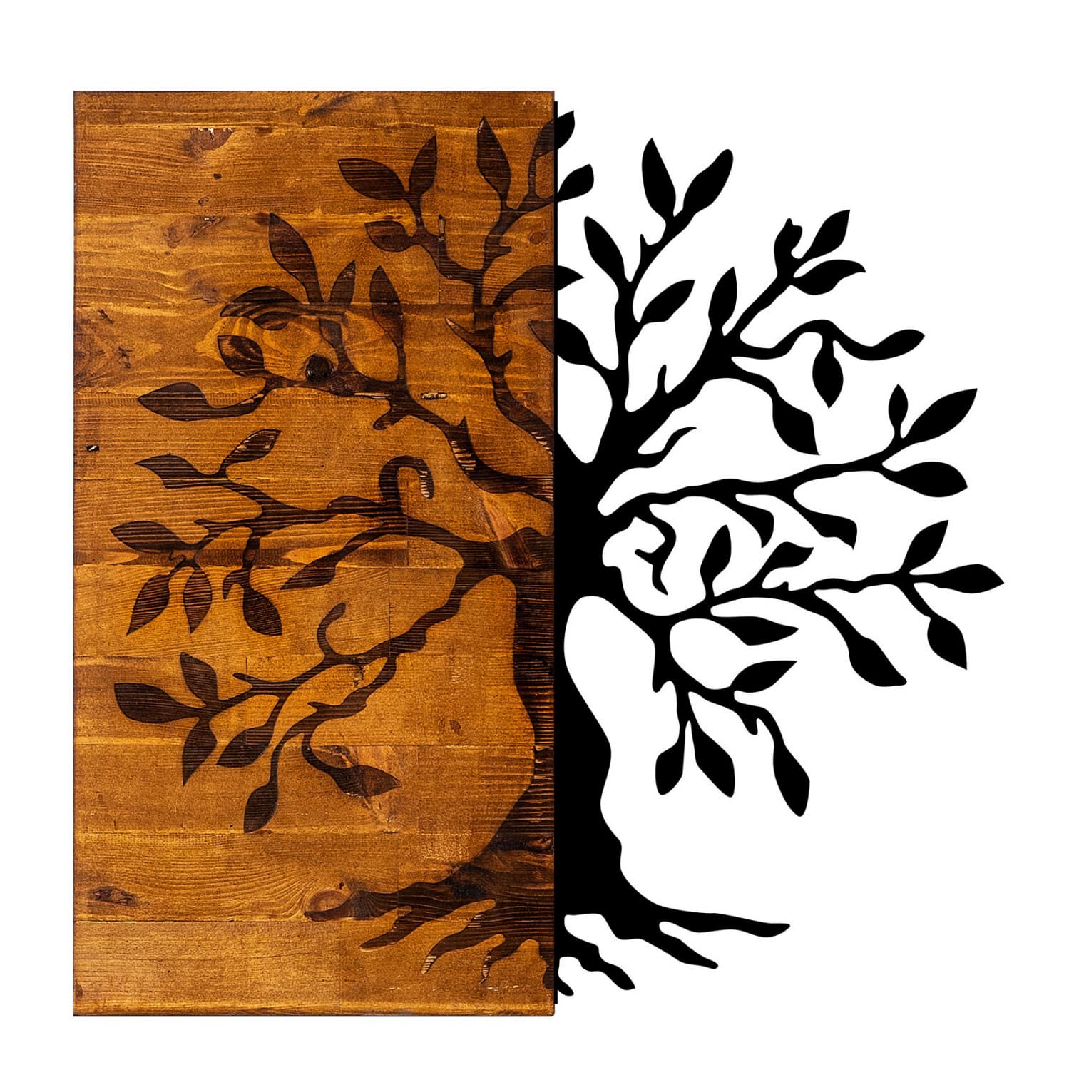 WOOD WALL DECORATION WITH METALLIC TREE 58X58