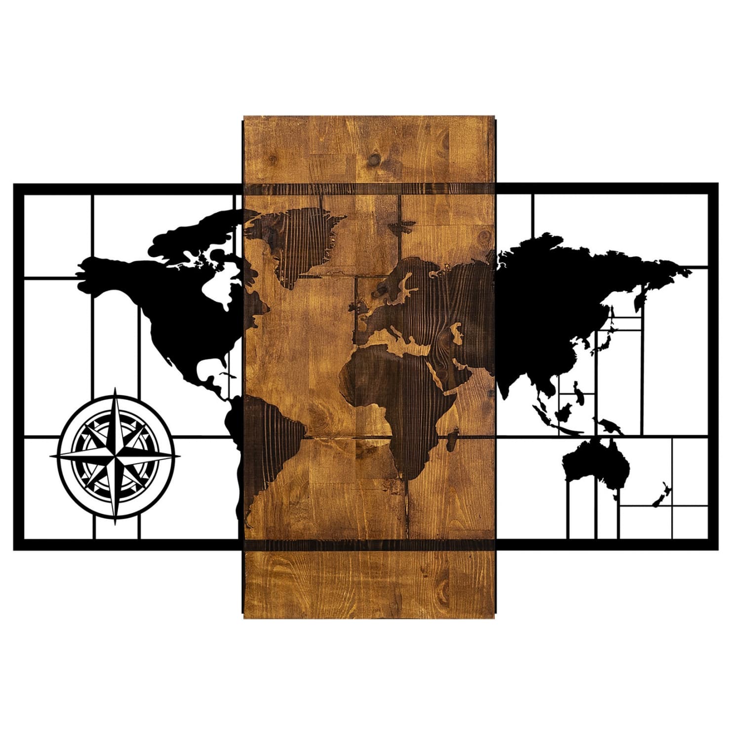 WOODEN WALL DECORATION WITH METALLIC WORLD MAP 85X58cm