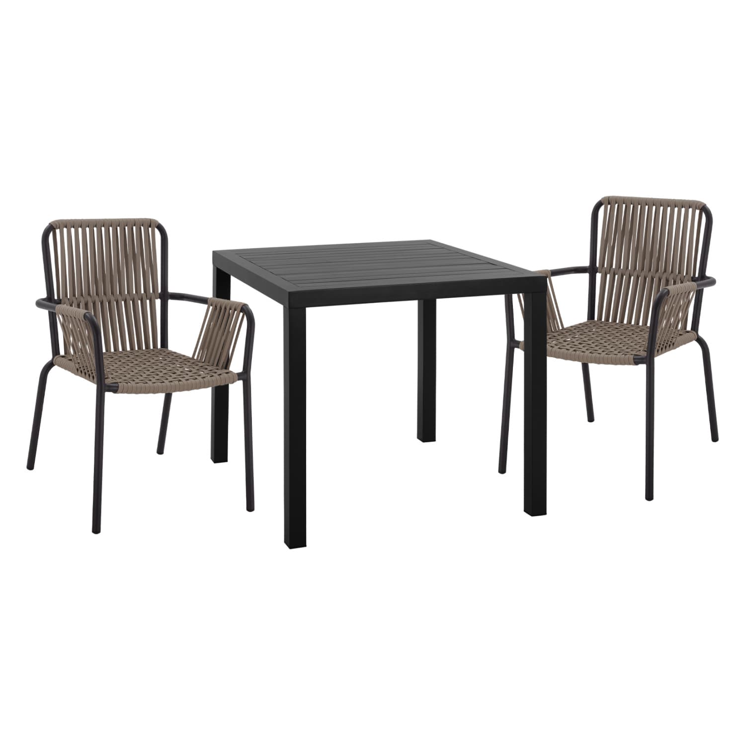 DINING SET 3PCS ALUMINUM TABLE 80X80 & COAL ARMCHAIRS