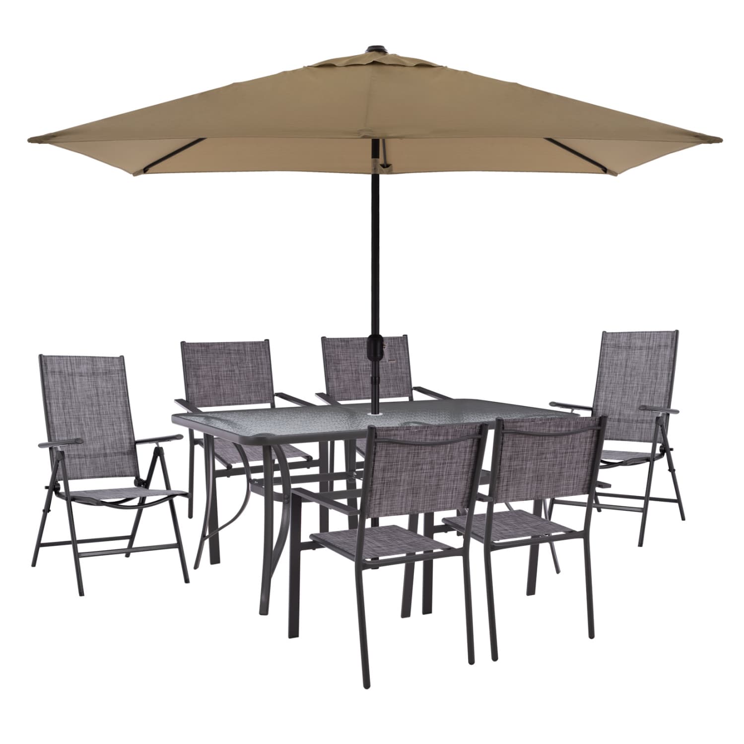 DINING SET TABLE WITH MOCHA UMBRELLA & FOLDABLE TEXTILINE ARMCHAIRS GRAY
