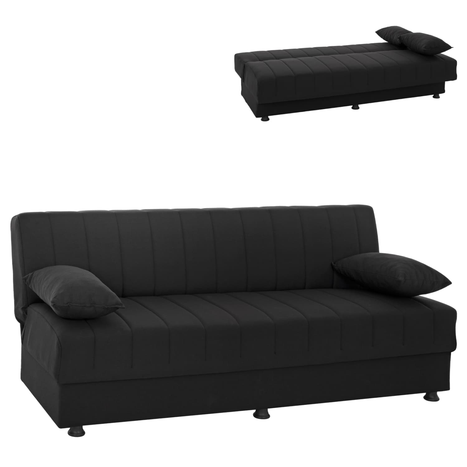 ANDRI three-seater sofa-bed, black fabric, short legs, without arms 180x83x74Η