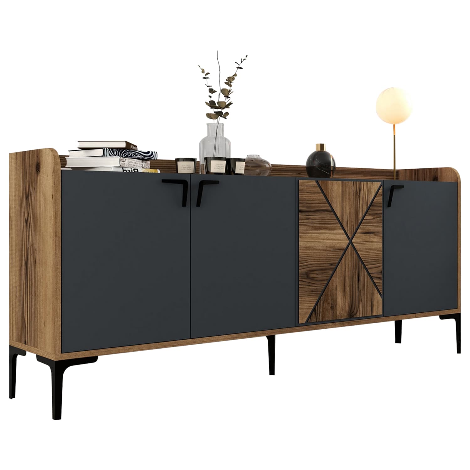 BUFFET MELAMINE WALNUT AND CHARCOAL GREY 180x35x78Hcm.