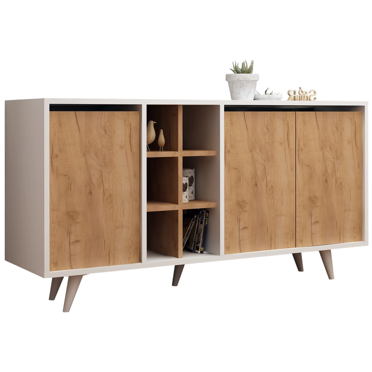 BUFFET MELAMINE WHITE WITH WALNUT DOORS 140x40x86Hcm.