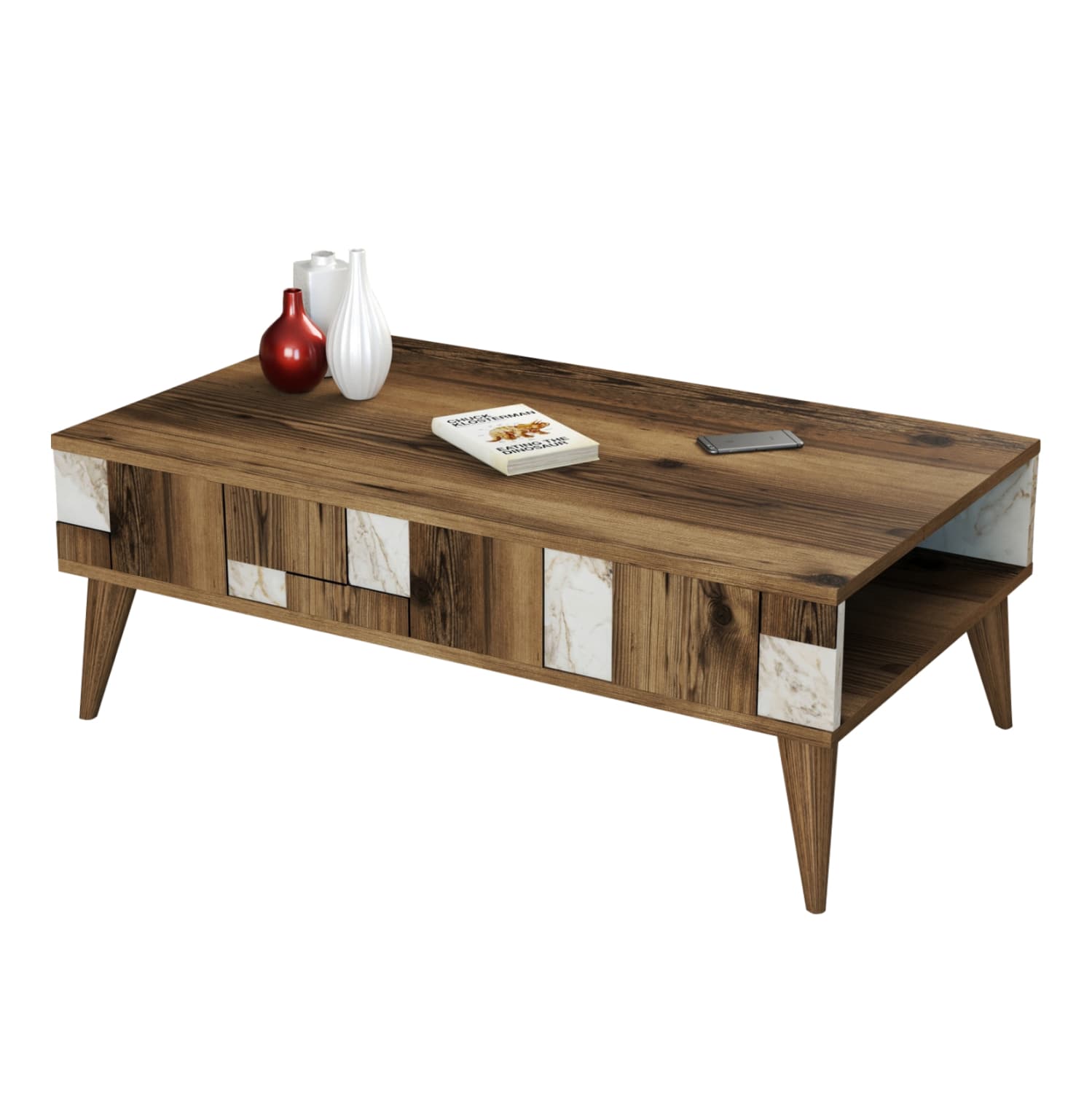 COFFEE TABLE MELAMINE IN WALNUT-WHITE MARBLE LOOK 105x60x37.6Hcm.