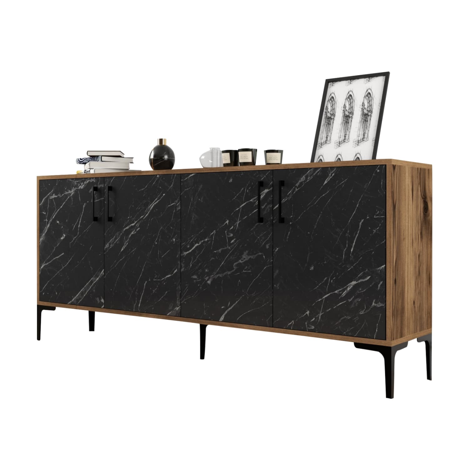 BUFFET MELAMINE WALNUT WITH BLACK MARBLE-LOOK DOORS 180x35x78Hcm.