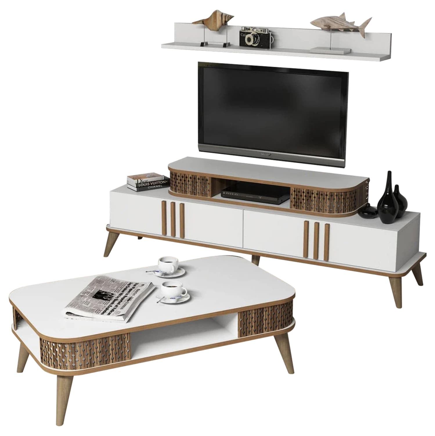 LIVING ROOM COMPOSITION 2PCS IN WHITE & WALNUT