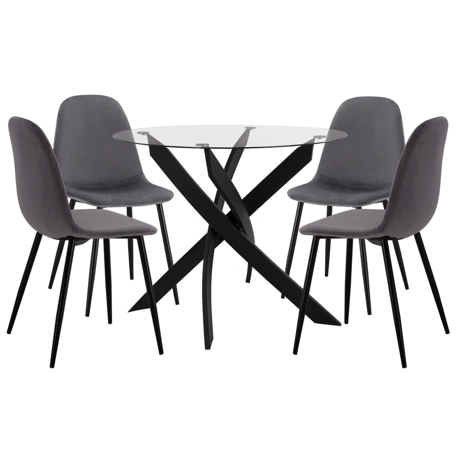 DINING SET 5PCS TABLE WITH TEMPERED GLASS Φ90X74Hcm & 4 CHAIRS WITH GREY VELVET