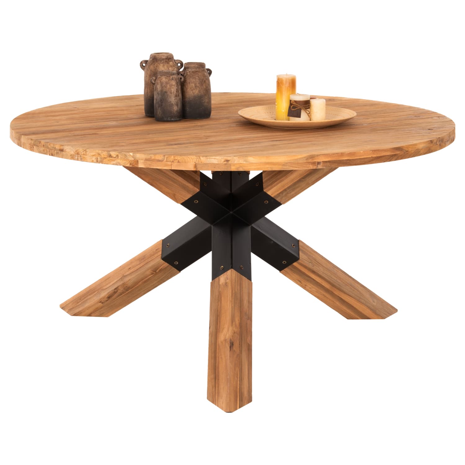 ТРАПЕЗАРИСКА МАСА ТРКАЛЕЗНА KATTE РЕЦИКЛИРАНО TEAK ДРВО-НОЗЕ СО МЕТАЛ Φ150x78Hcm.