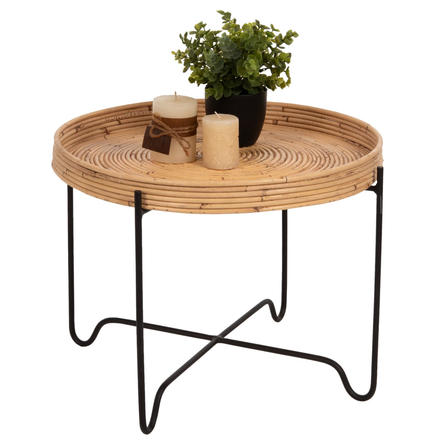 ROUND SIDE TABLE FLY RATTAN IN NATURAL COLOR-BLACK METAL BASE Φ50x40Hcm.