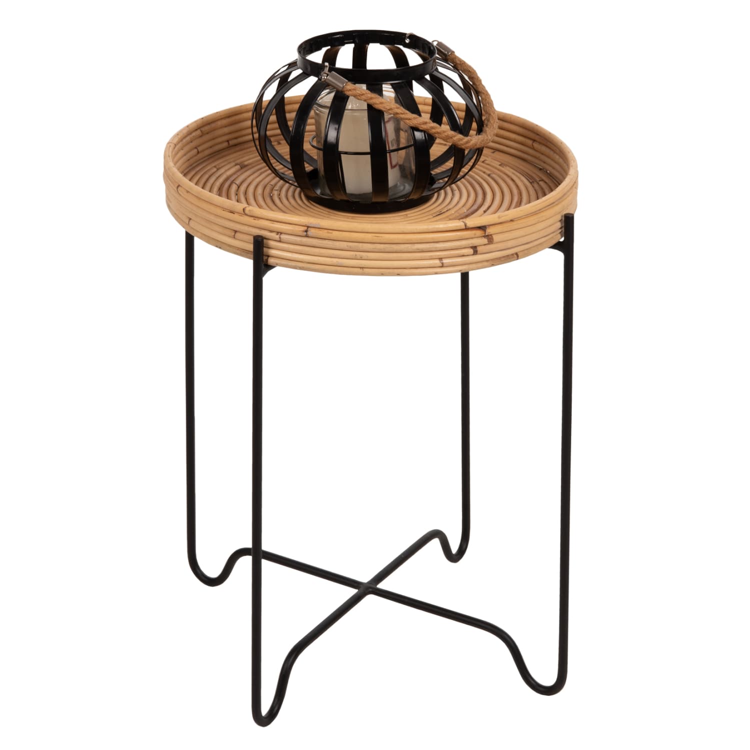 ROUND SIDE TABLE FLY RATTAN IN NATURAL COLOR-BLACK METAL BASE Φ40x53Hcm.