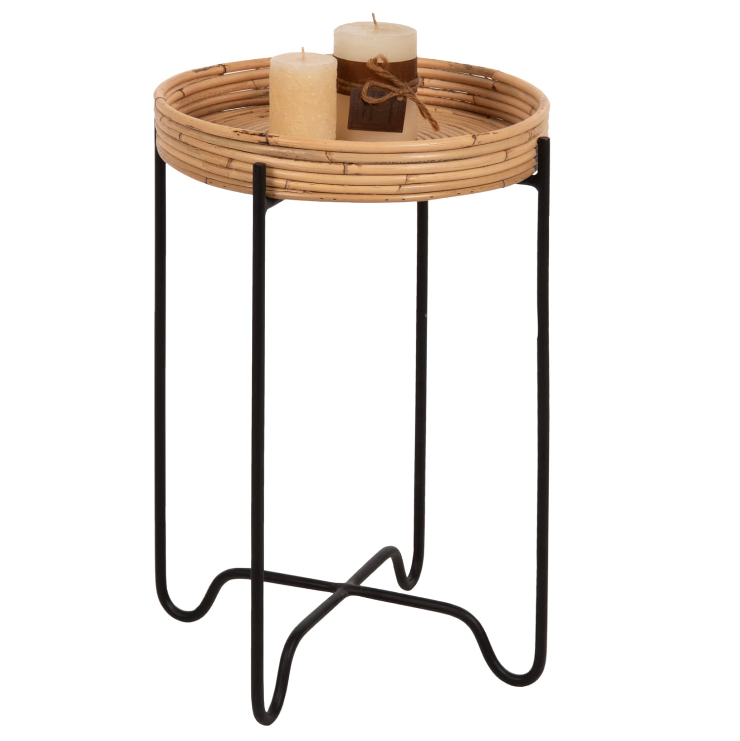 ROUND SIDE TABLE FLY RATTAN IN NATURAL COLOR-BLACK METAL BASE Φ32x48Hcm.