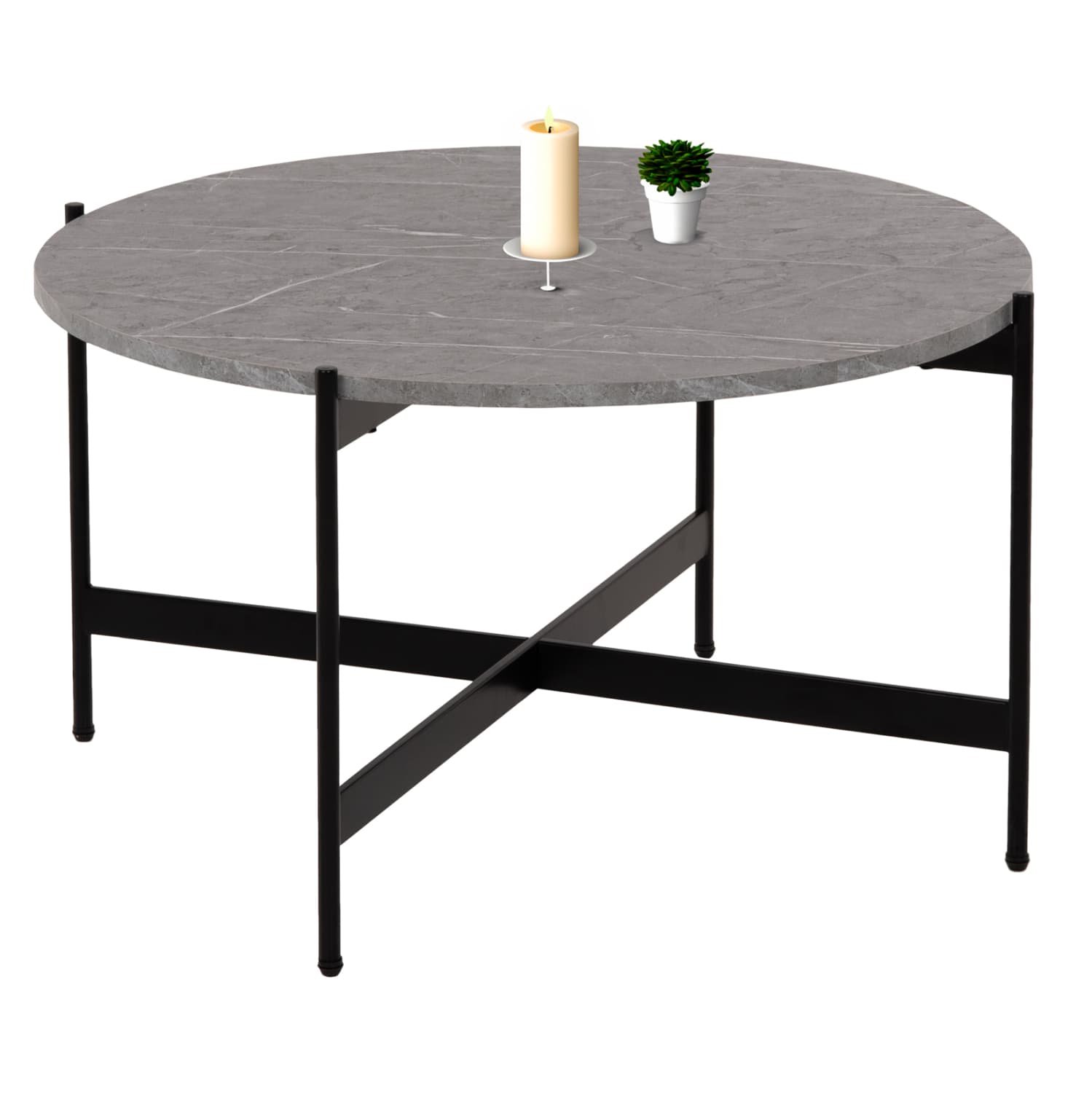 КЛУБ МАСА ОД МЕДИЈАПАН ВО БОЈА СИВ МЕРМЕР - ЦРНА МЕТАЛНА ОСНОВА Φ80x45Hcm.