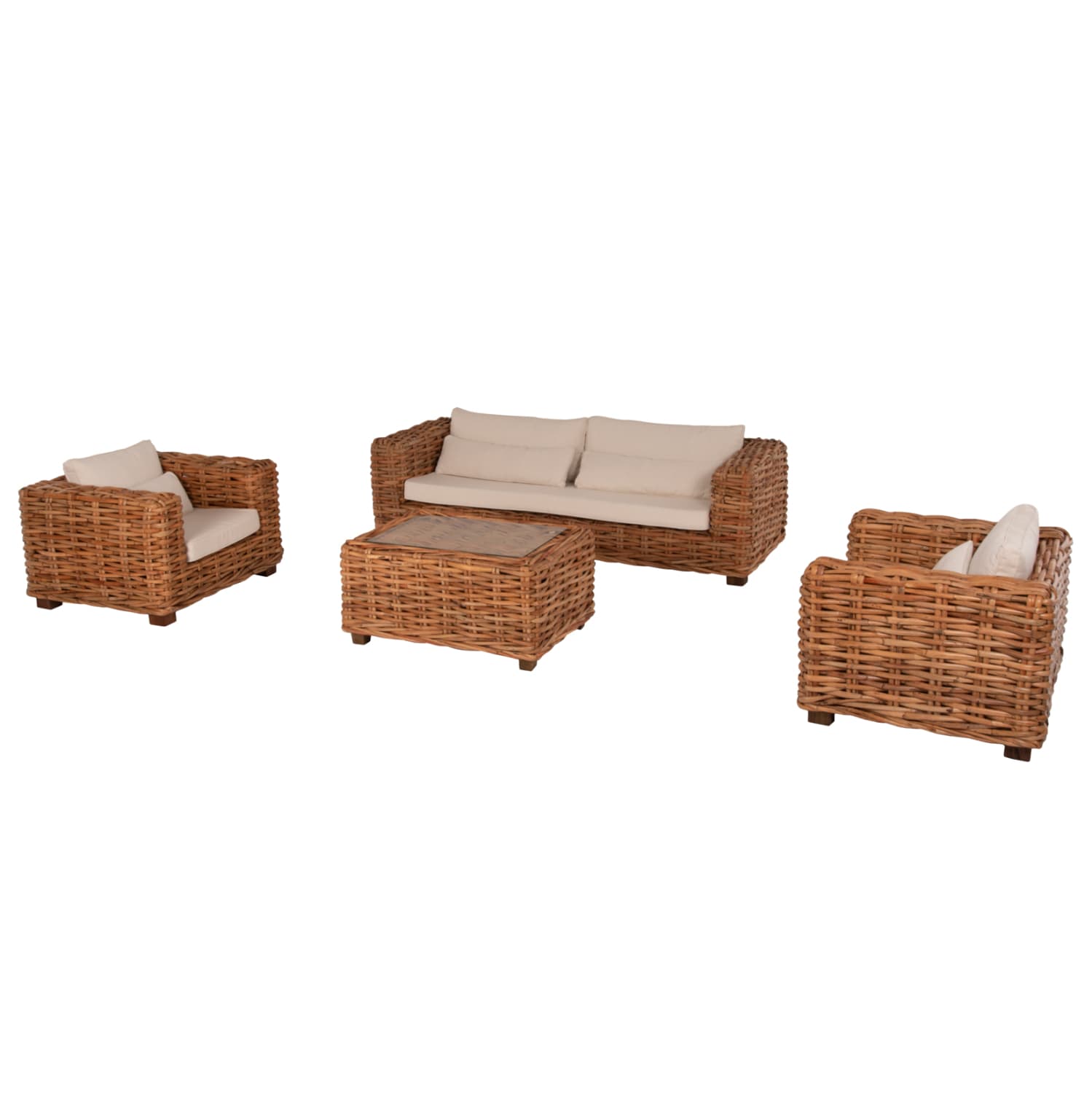 OUTDOOR LOUNGE SET 4PCS TROPEL NATURAL RATTAN-MAHOGANY WOOD-WHITE CUSHIONS