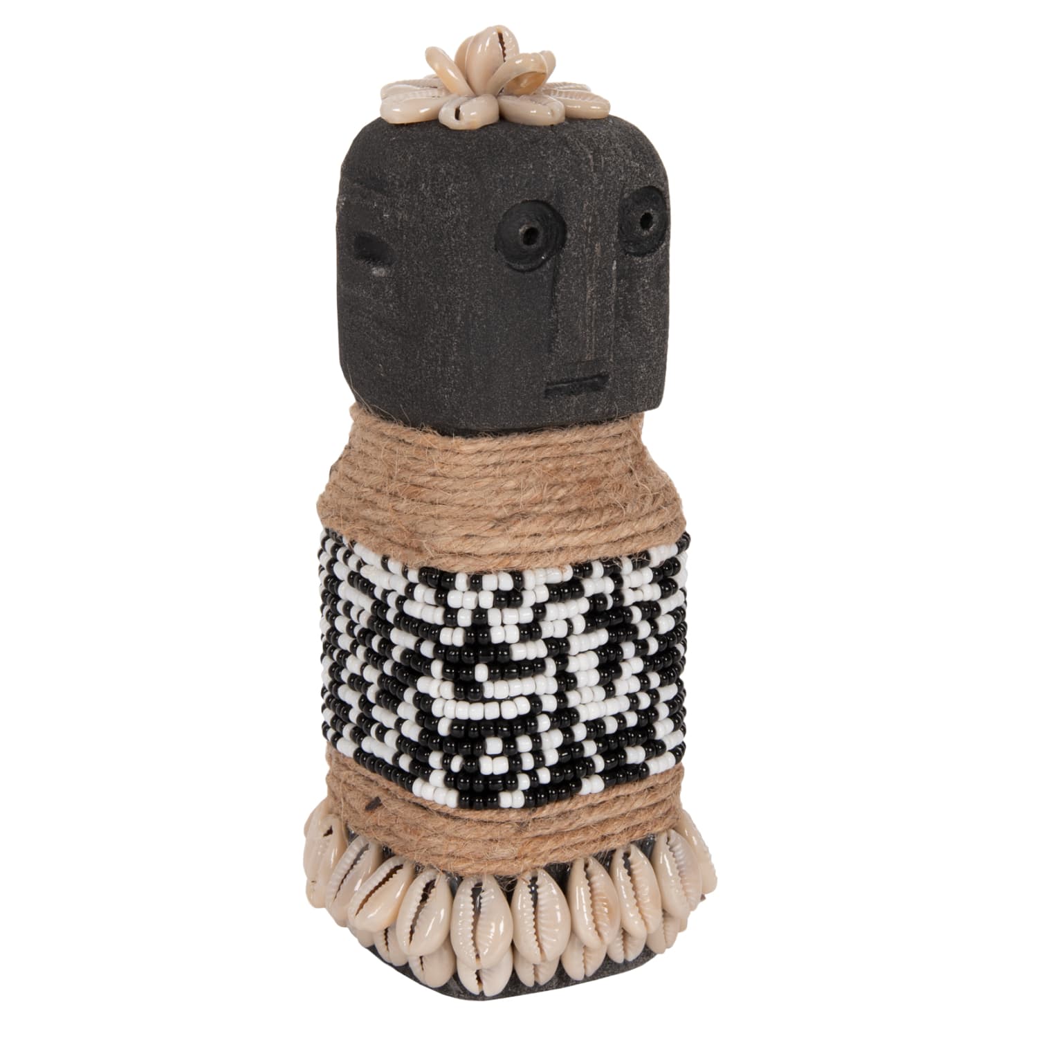 TABLE STATUETTE SUMBA MADE OF BLACK PARAS STONE-BEADS-SEAGRASS ROPE 7x7x17Hcm.