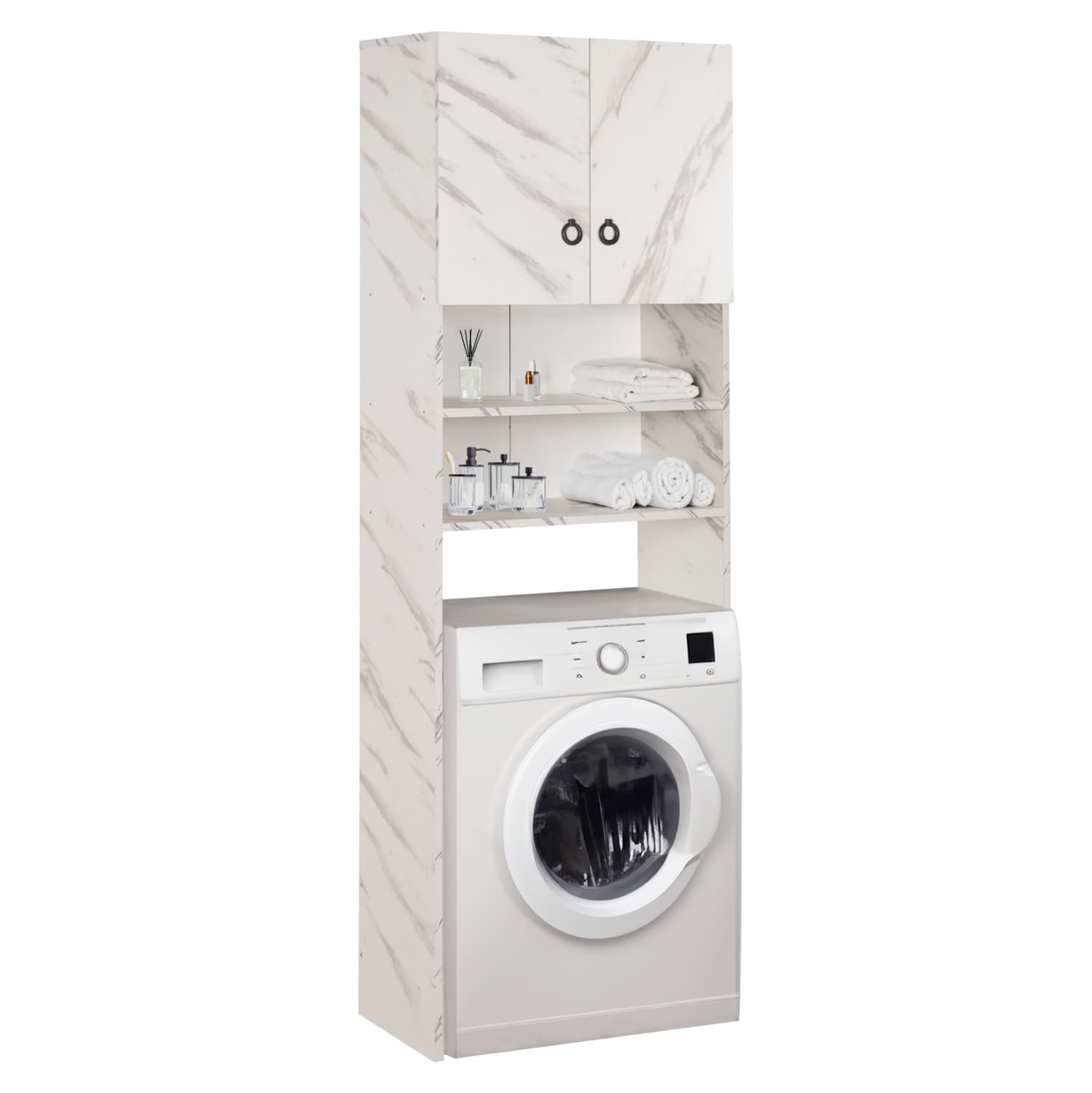 WASHING MACHINE FURNITURE TERRY WITH CABINET & SHELVES MELAMINE WHITE MARBLE 64Χ29Χ181Hcm.