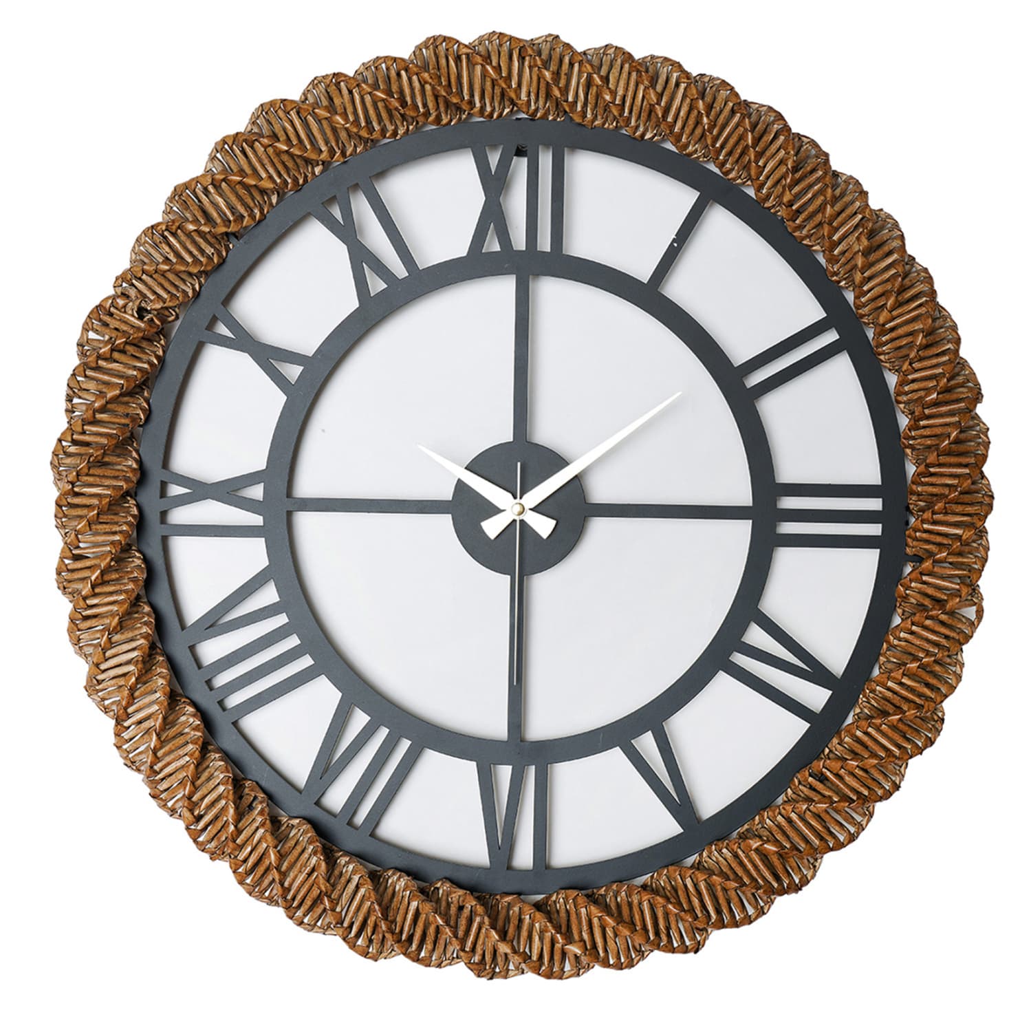 WALL CLOCK ROUND DARK GREY METAL-KNITTED STRAW IN NATURAL Φ60 cm.
