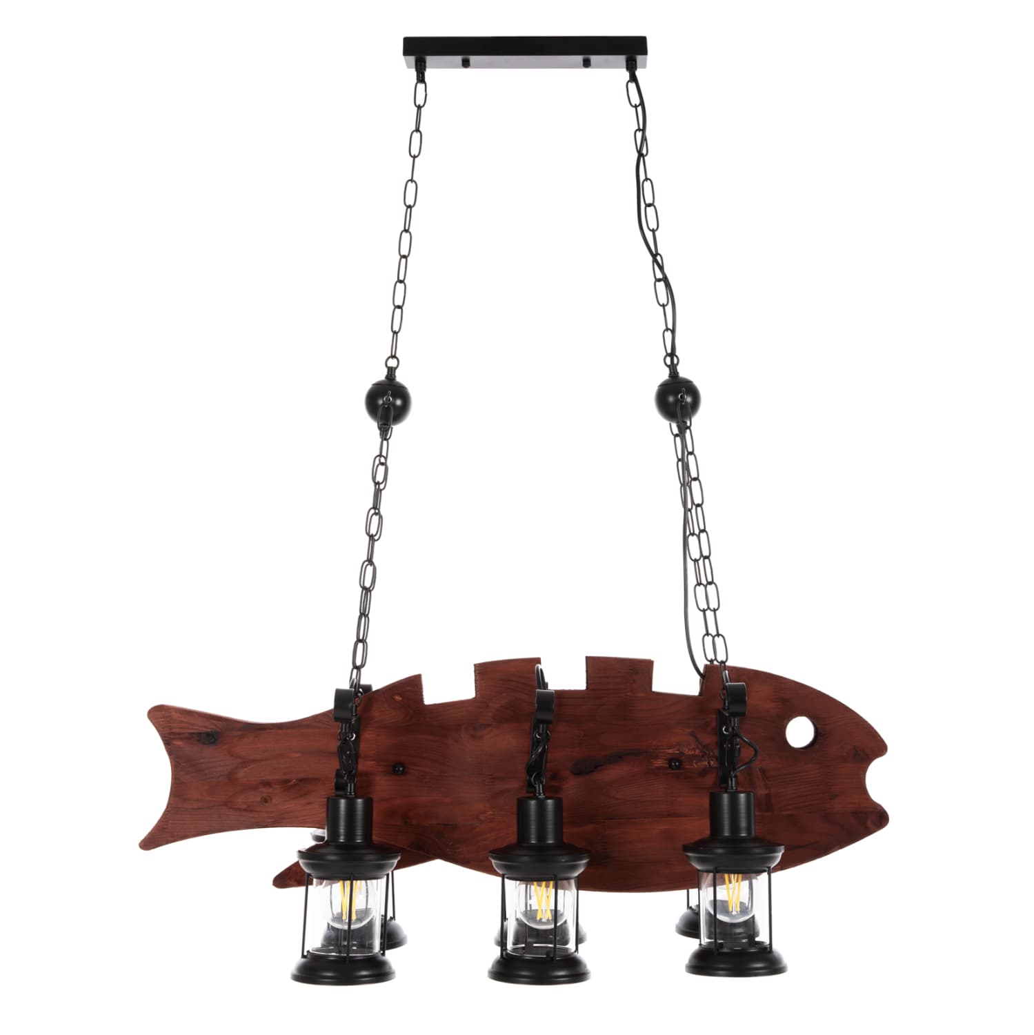 CEILING PENDANT 6-LIGHT WOODEN FISH-BLACK METAL-GLASS 95x35x116H cm.