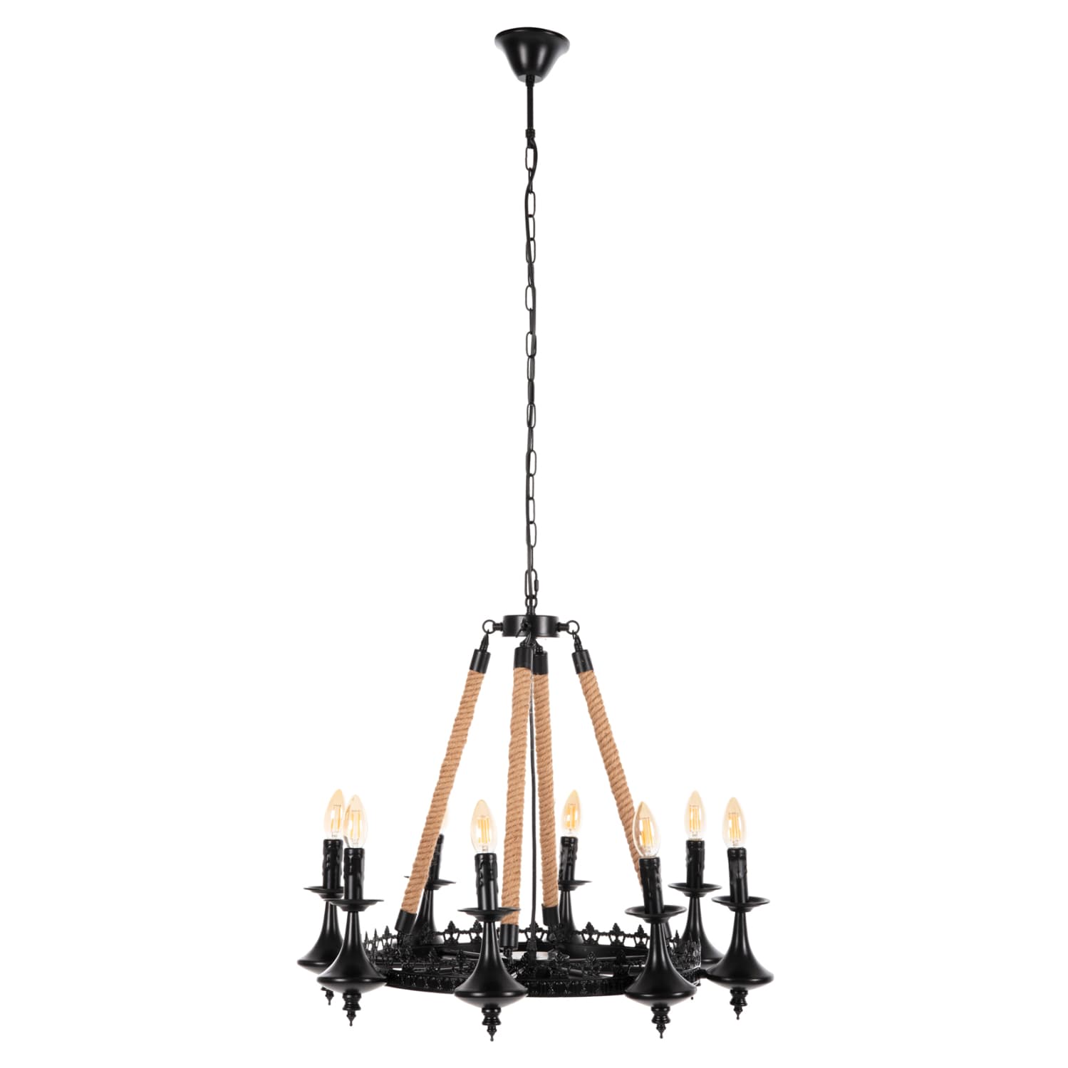 CEILING PENDANT 8-LIGHT BLACK METAL-ROPE Φ66x131Hcm.