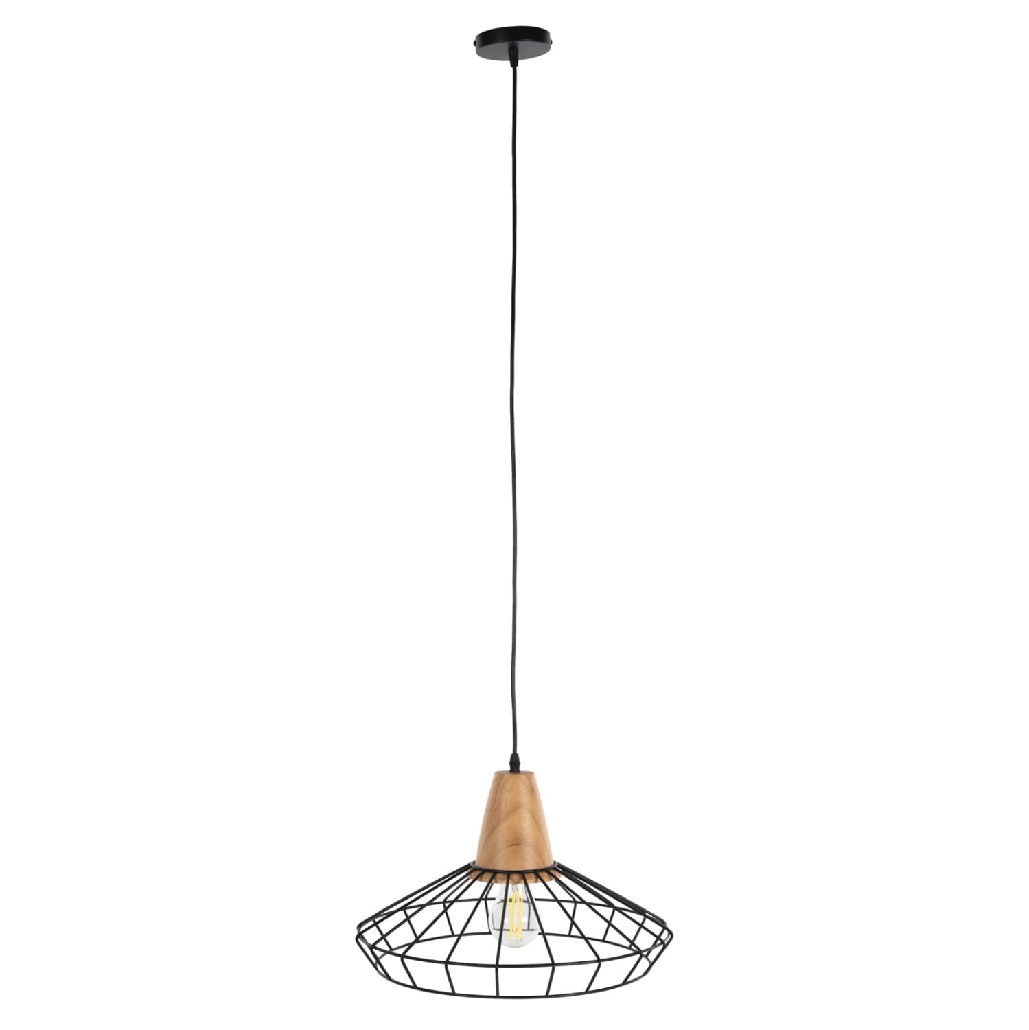 CEILING PENDANT LAMP BLACK METAL-WOOD Φ39x117Hcm.