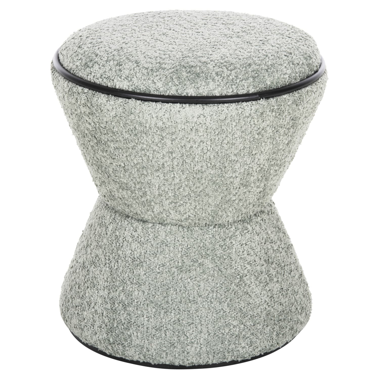 STOOL ROUND LINNER BOUCLE FABRIC PISTACHIO GREEN-BLACK DETAIL D38x44 cm.