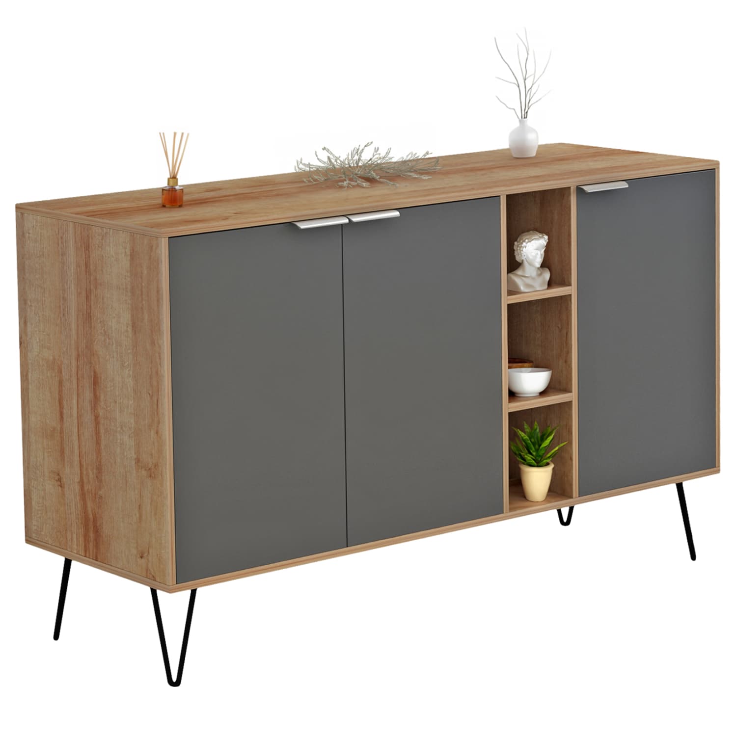 SIDEBOARD CABRON MELAMINE IN NATURAL-ANTHRACITE & BLACK METAL LEGS 142X40X83Hcm.