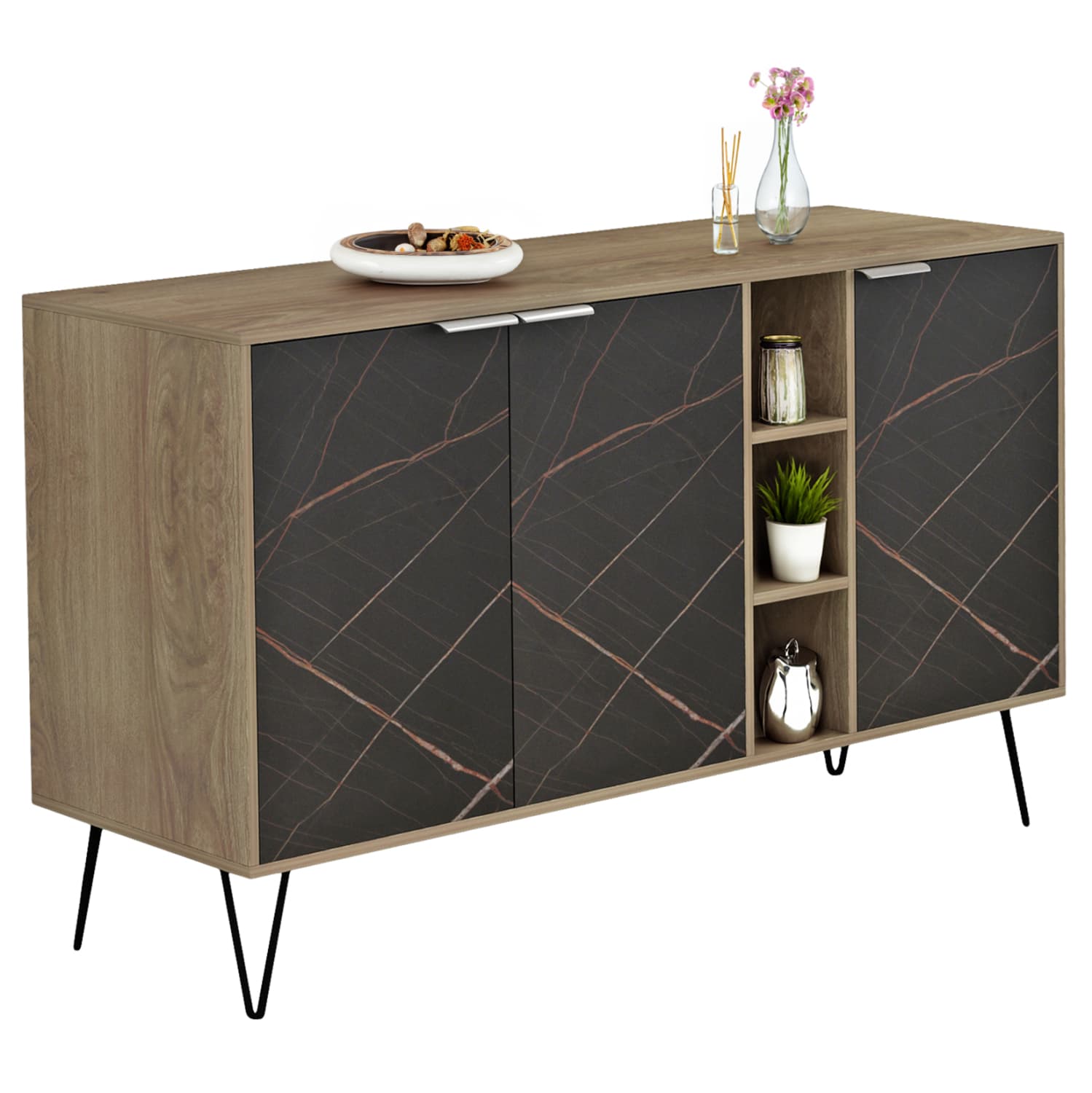 SIDEBOARD CABRON MELAMINE IN SONAMA-BLACK MARBLE & BLACK METAL LEGS 142X40X83Hcm.