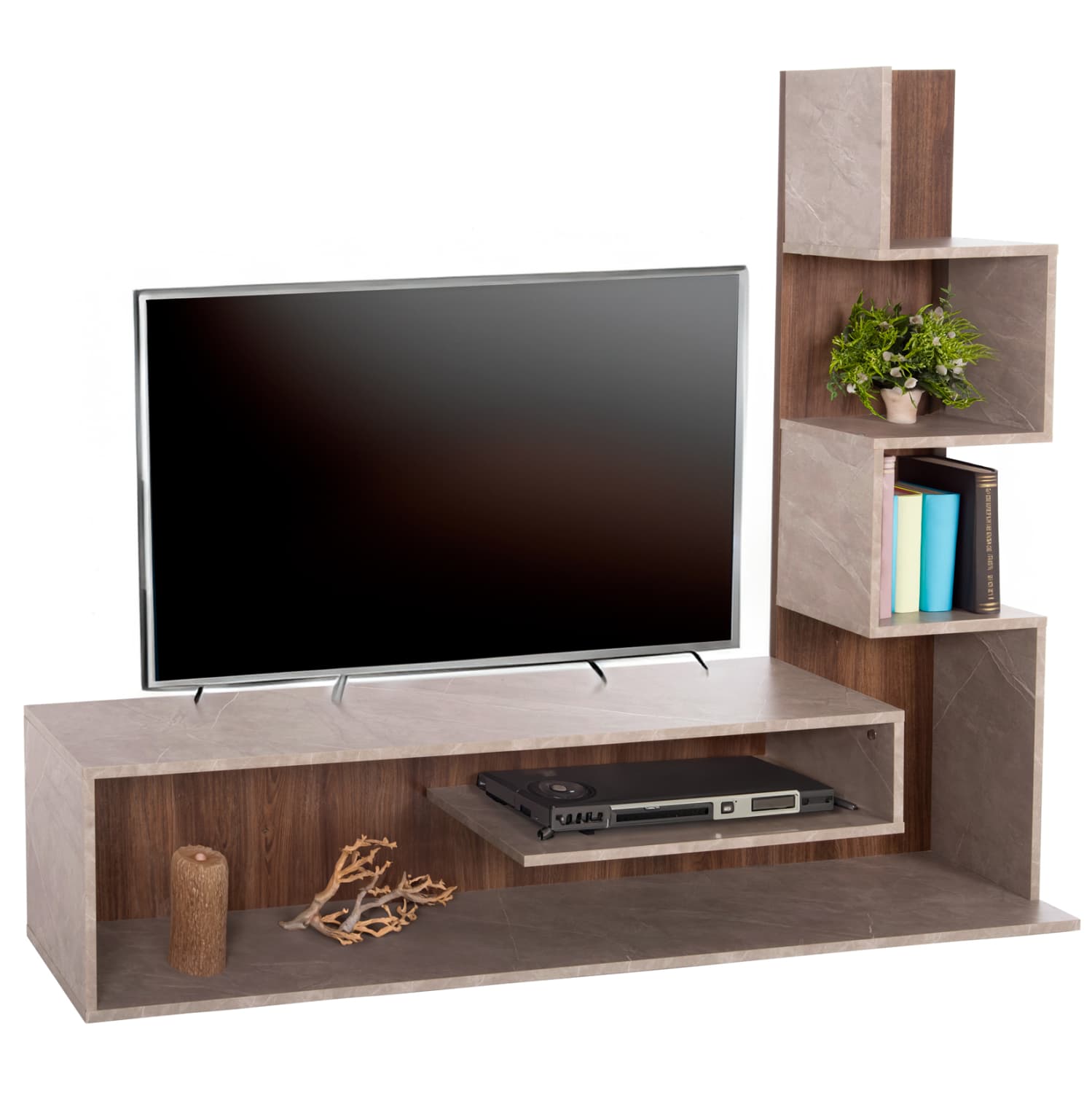ТВ КОМПОЗИЦИЈА EDELIE МЕЛАМИН ВО ТЕКСТУРА НА СИВ КАМЕН-ПРИРОДНА БОЈА 150x29.5x120H cm.