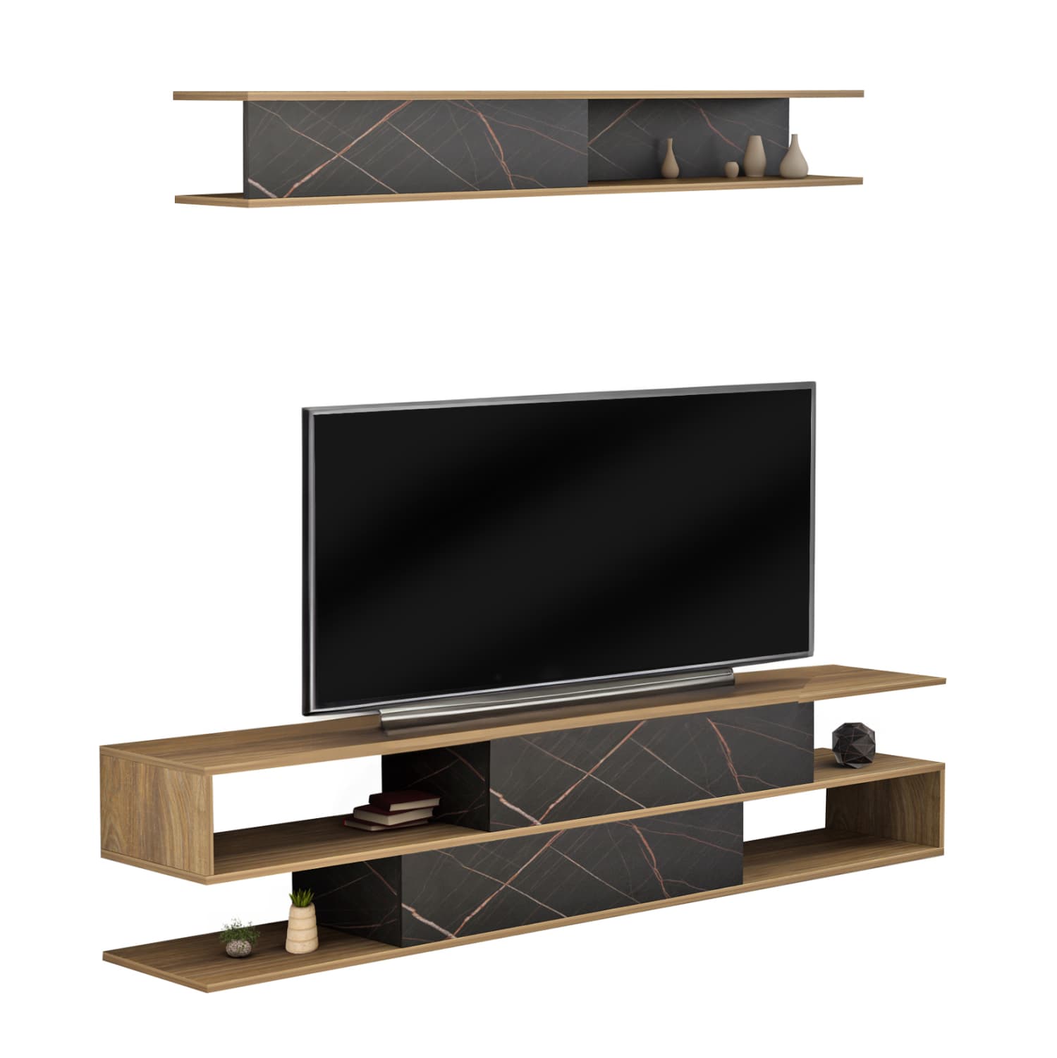 TV FURNITURE SET BIRGITTA MELAMINE IN NATURAL-BLACK MARBLE 181x31,5x39,6Hcm.