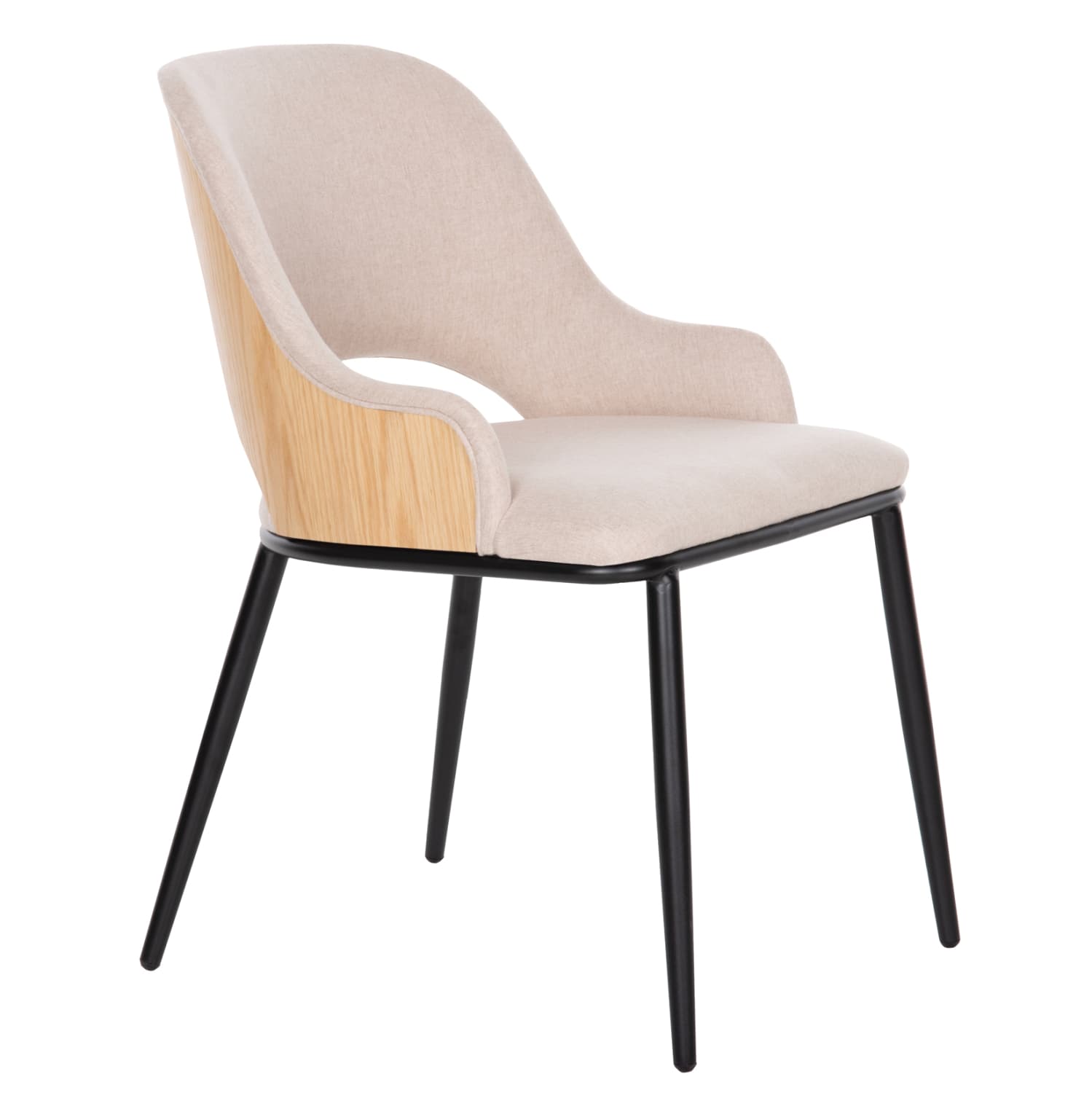 DINING CHAIR DELF BEIGE FABRIC-BLACK METAL LEGS-WOODEN BACK IN OAK 48x55x76Hcm.