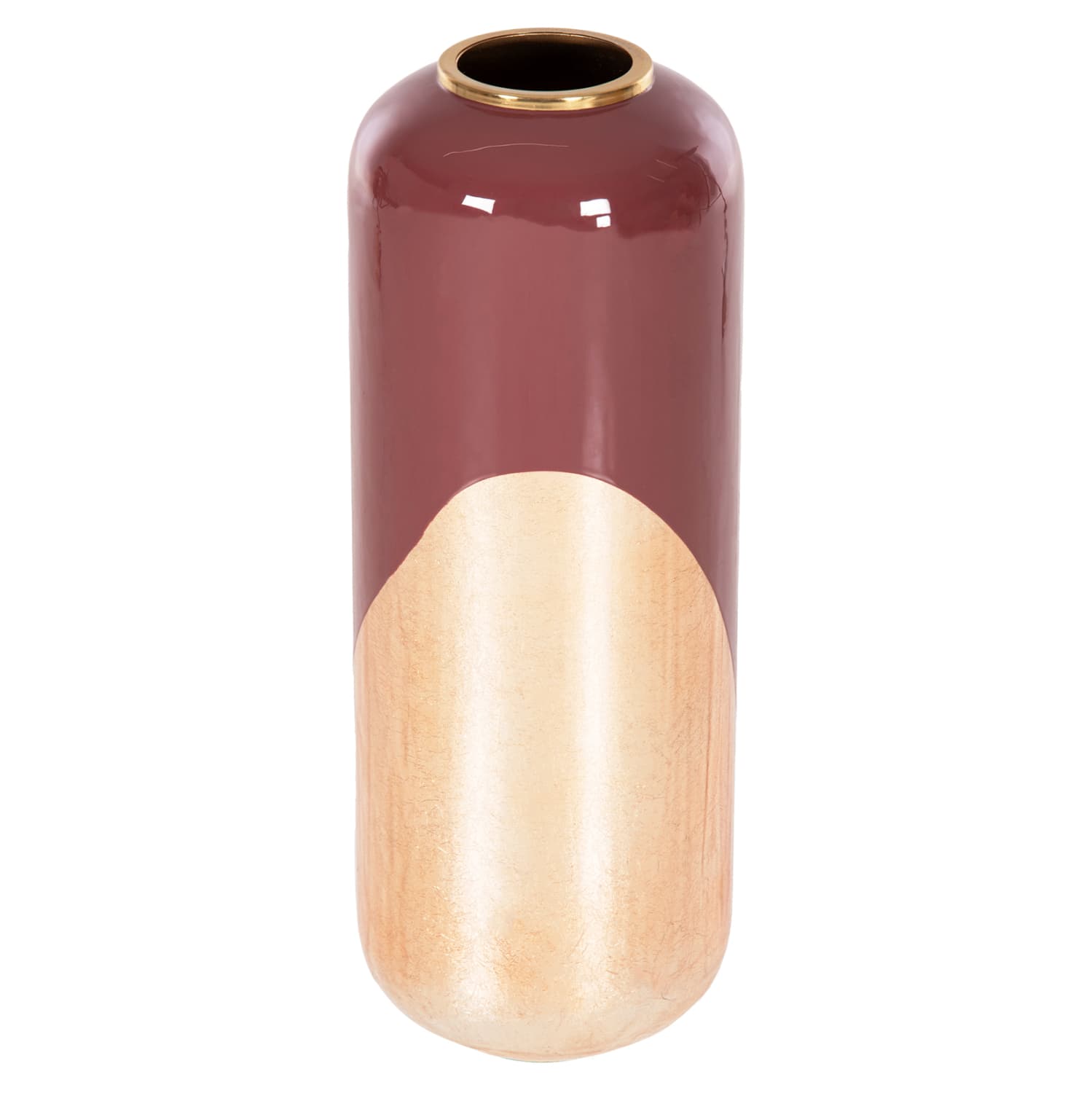 DECORATIVE FLOOR VASE RAKSASA METAL IN CHERRY RED-GOLD PEARL Φ24x69Hcm.