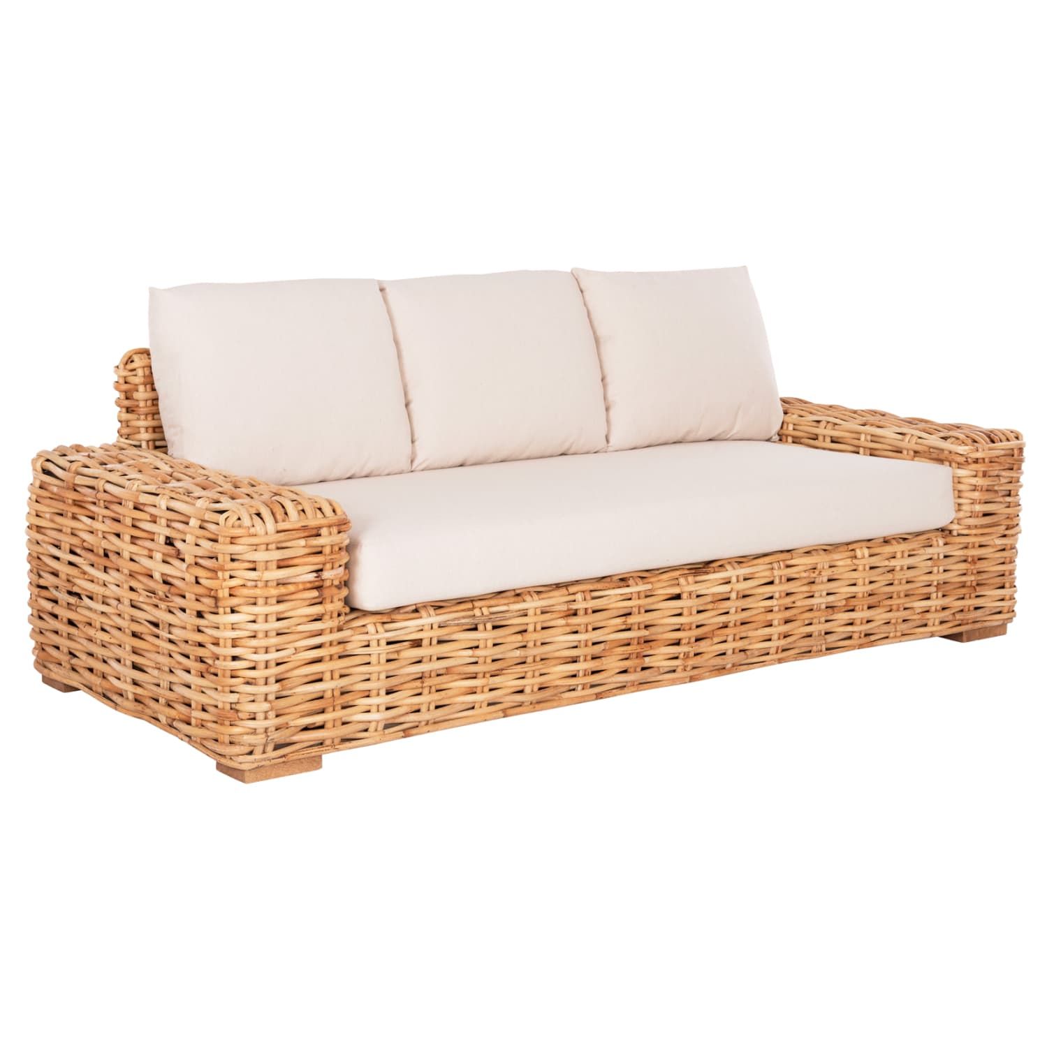 OUTDOOR SOFA 3-SEATER TROPEL MANGO WOOD-RATTAN NATURAL COLOR-WHITE CUSHIONS 216x88x70-85Hcm.