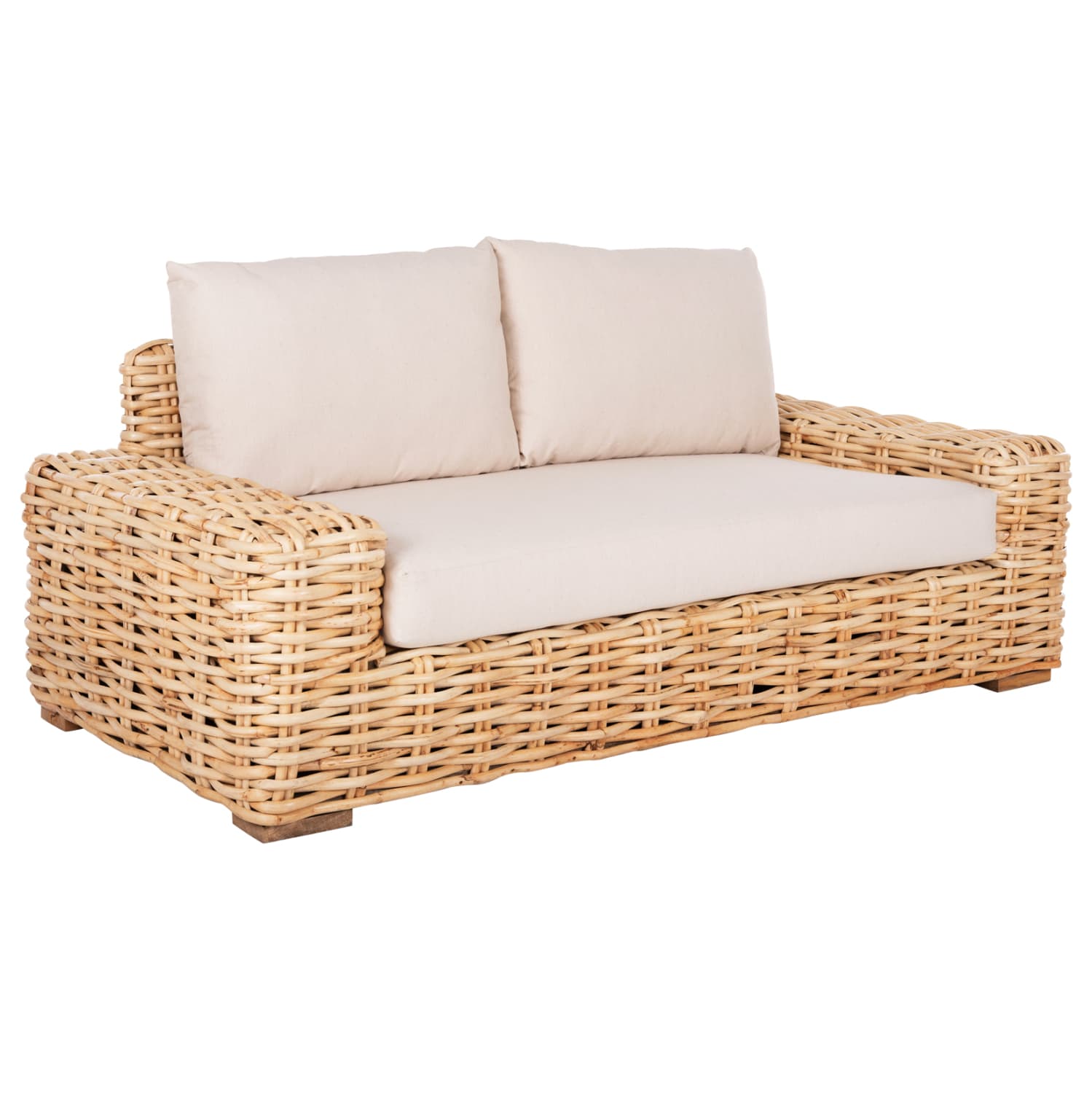 OUTDOOR SOFA 2-SEATER TROPEL MANGO WOOD-RATTAN NATURAL COLOR-WHITE CUSHIONS 192x88x70-85Hcm.