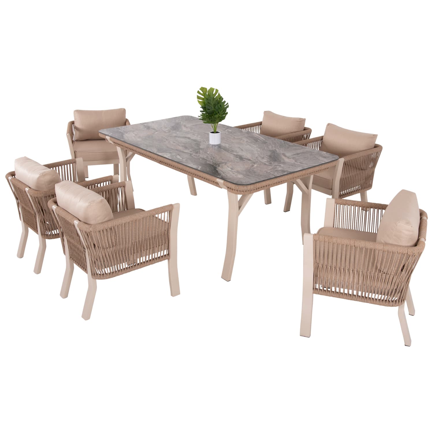 OUTDOOR DINING SET 7PCS DRIMM ALUMINUM IN BEIGE-HPL GREY MARBLE-CAPUCCINO CUSHIONS AND ROPE