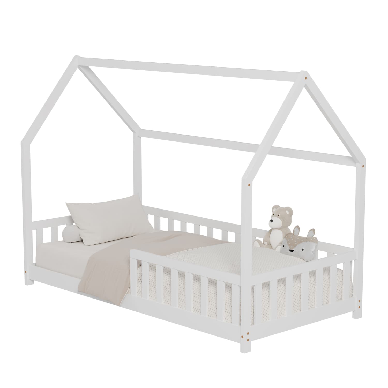 BED FOR KIDS WITH FENCE PHYLLIS t.MONTESSORI SOLID PINE WOOD IN WHITE- 190x90cm.