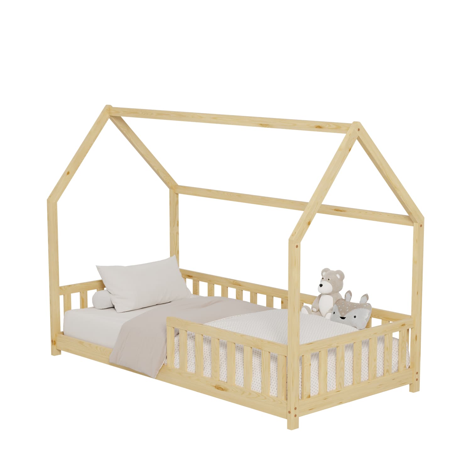 BED FOR KIDS WITH FENCE PHYLLIS t.MONTESSORI SOLID PINE WOOD IN NATURAL- 190x90cm.