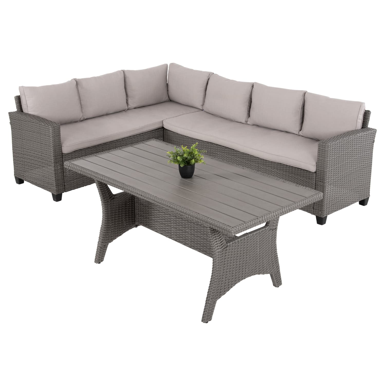 OUTDOOR LOUNGE SET CORNER SOFA&TABLE CARSON GREY SYNTHETIC RATTAN-CUSHIONS-PS WOOD