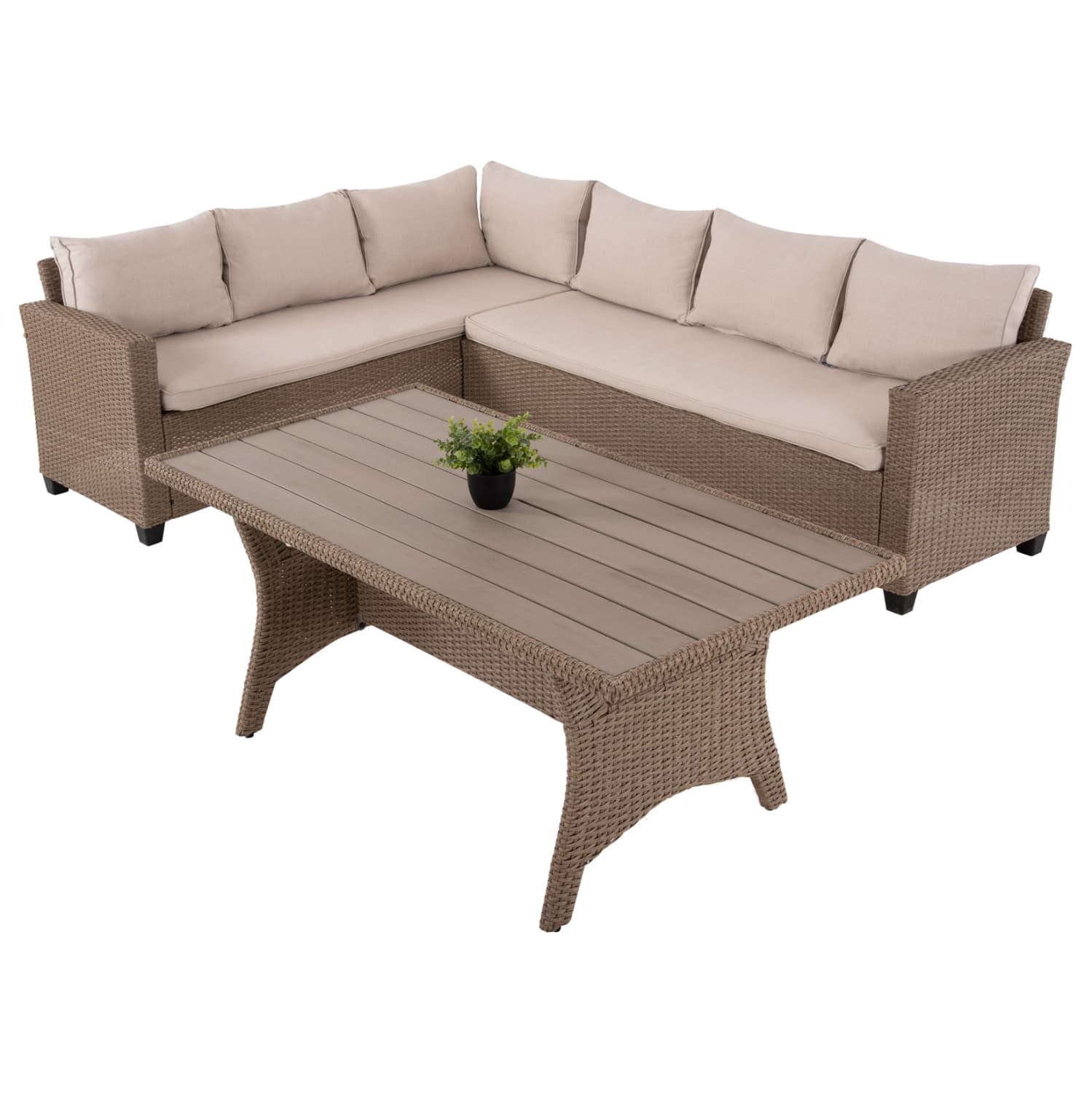OUTDOOR LOUNGE SET CORNER SOFA & TABLE CARSON MOCHA SYNTHETIC RATTAN-CUSHIONS-PS WOOD