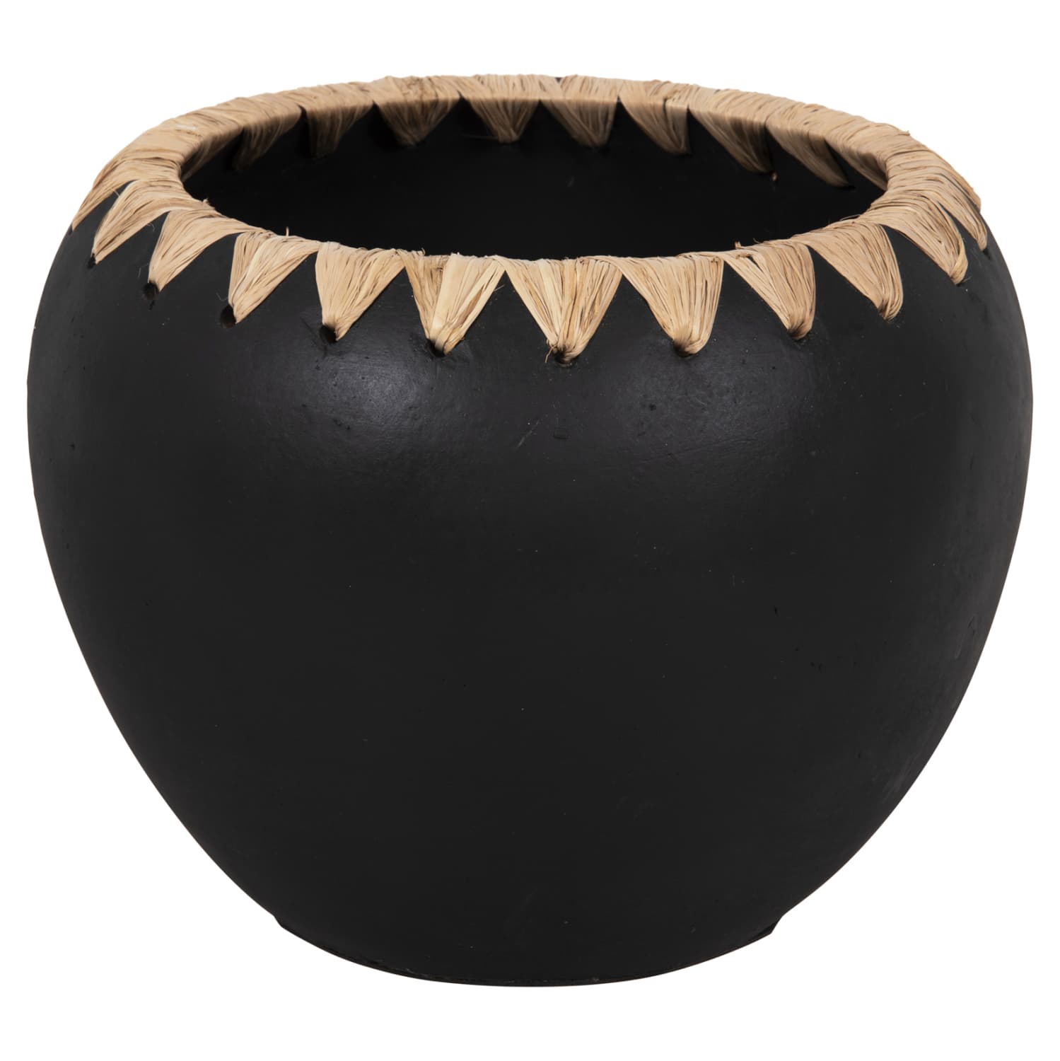 DECORATIVE VASE TERRACOTTA IN BLACK WITH STRAW WEAVING ON THE RIM Φ29x23Hcm.