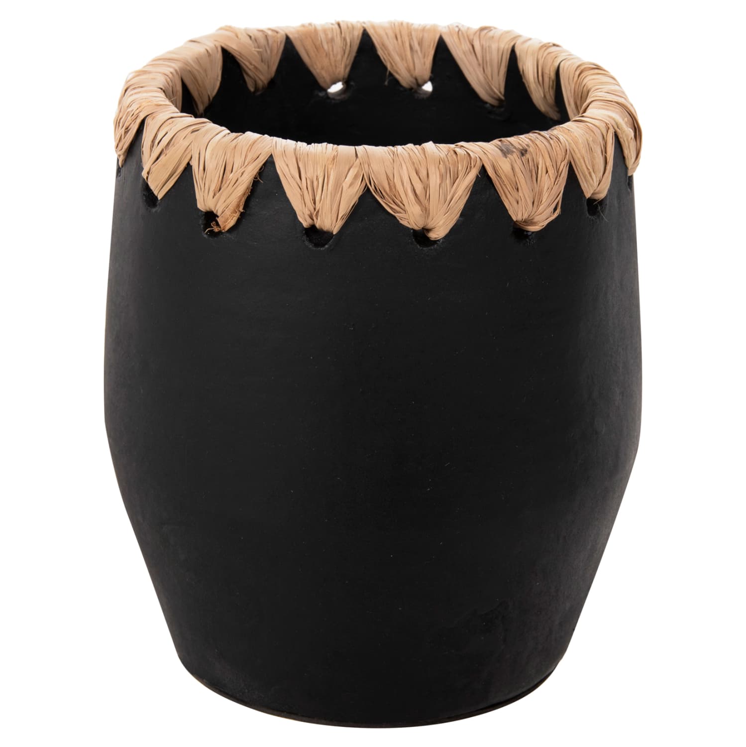 DECORATIVE VASE TERRACOTTA IN BLACK WITH STRAW WEAVING ON THE RIM Φ13x16Hcm.