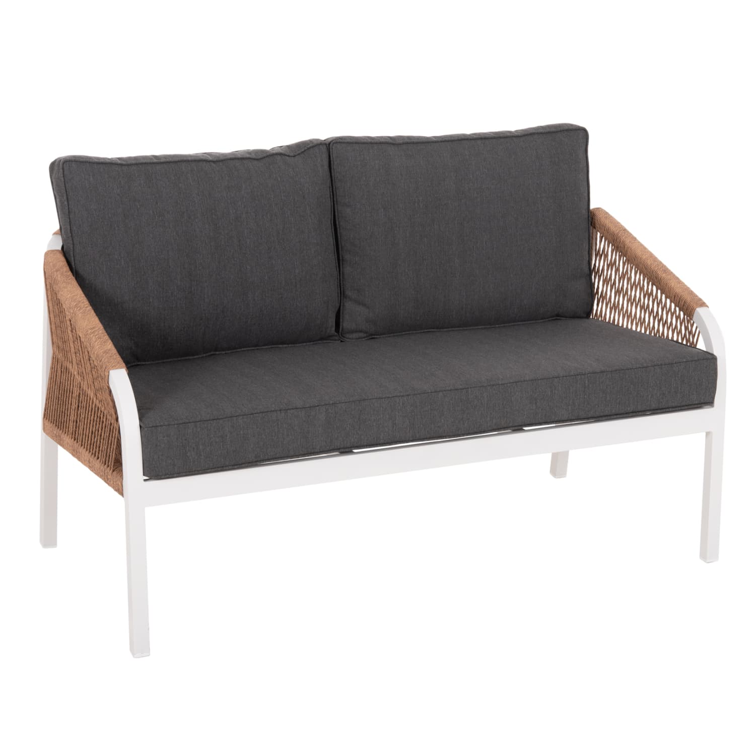 OUTDOOR SOFA 2-SEATER MAERLY ALUMINUM IN WHITE-DARK BEIGE SYNTHETIC ROPE-ANTHRACITE CUSHIONS