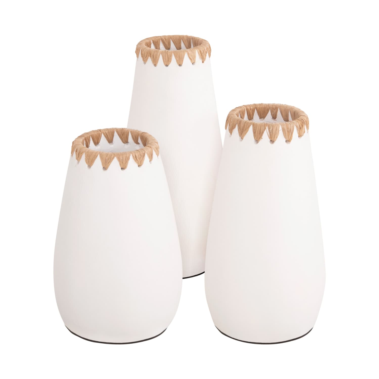 SET 3PCS DECORATIVE VASES TERRACOTTA IN WHITE WITH STRAW WEAVING ON THE RIM