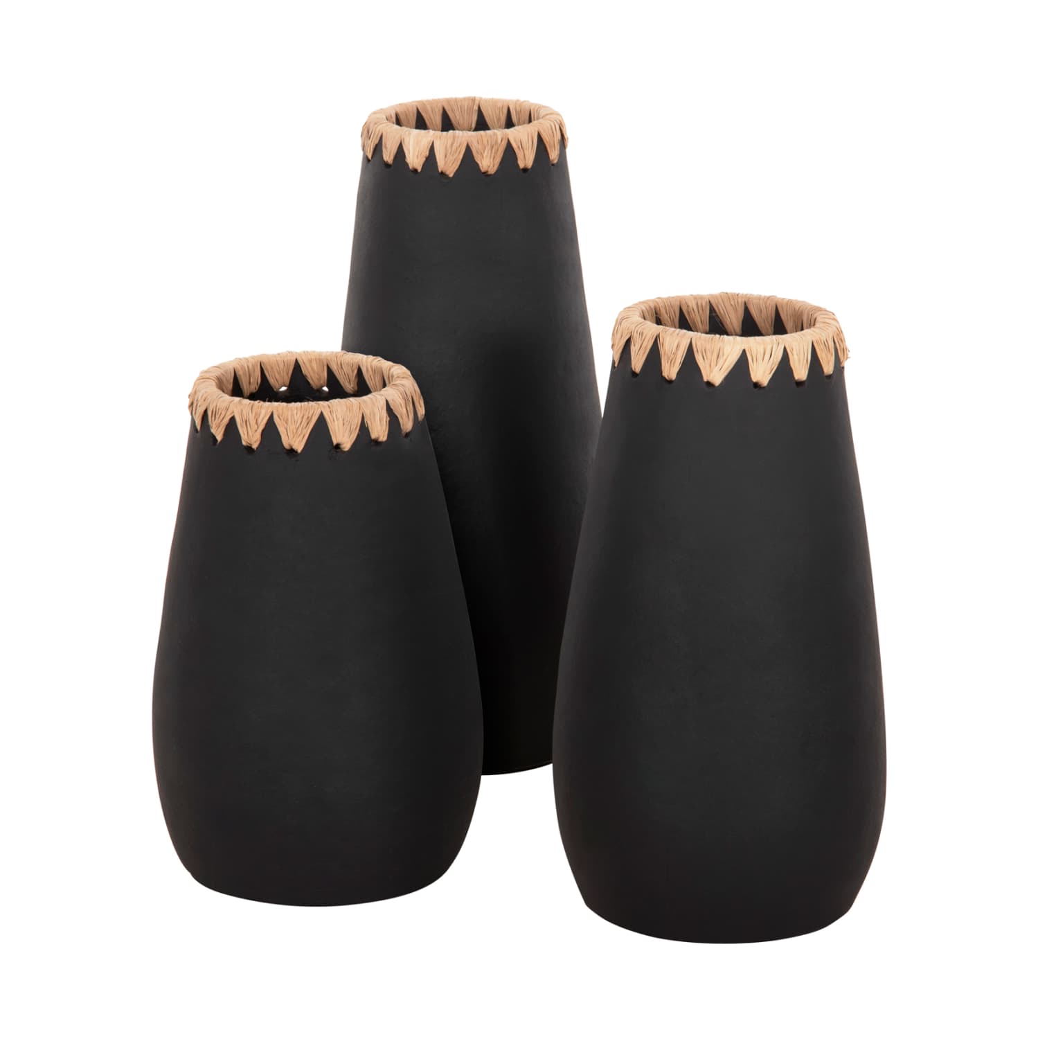 SET 3PCS DECORATIVE VASES TERRACOTTA IN BLACK WITH STRAW WEAVING ON THE RIM