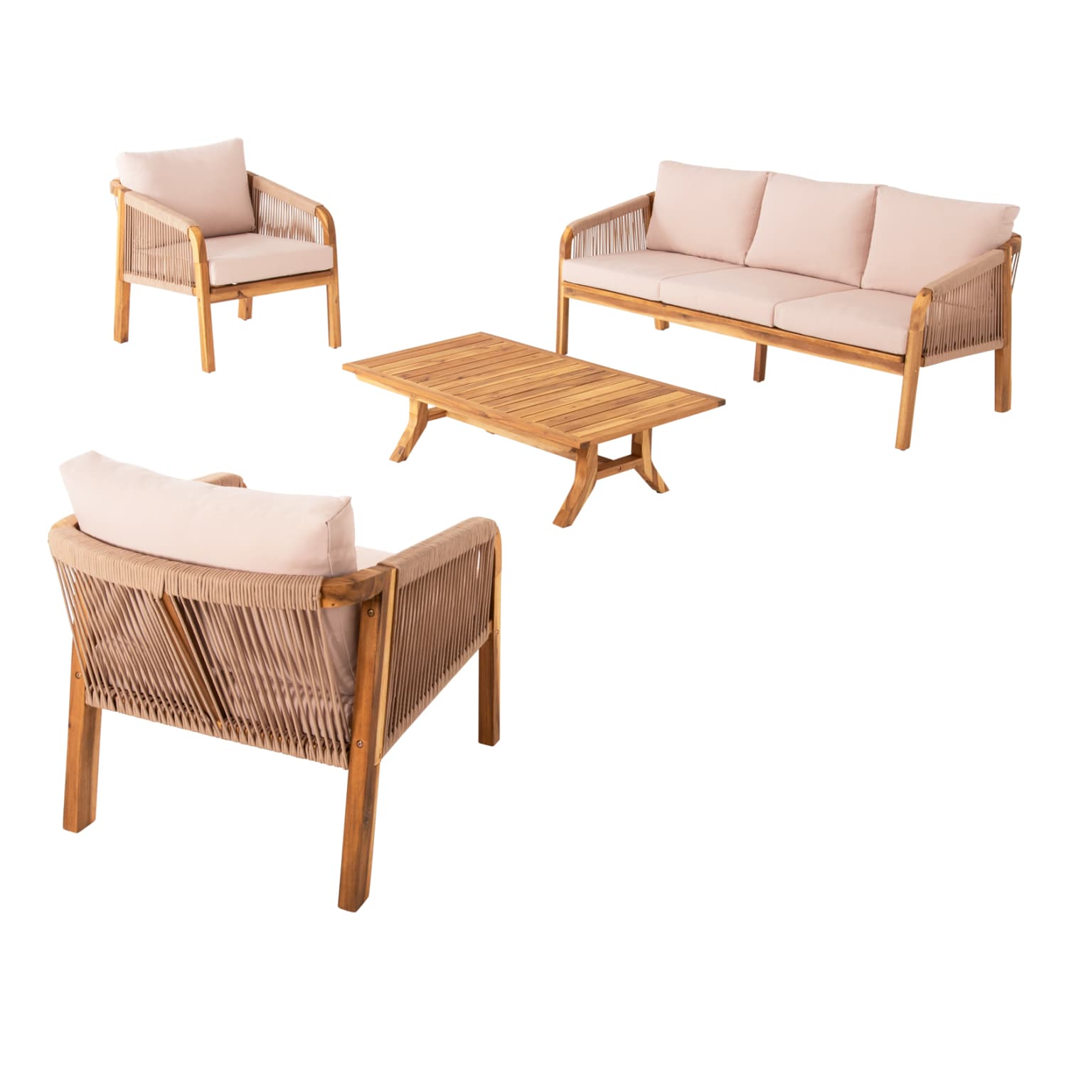 OUTDOOR LOUNGE SET 4PCS ROSSWELL ACACIA WOOD-ROUND ROPE-BEIGE CUSHIONS