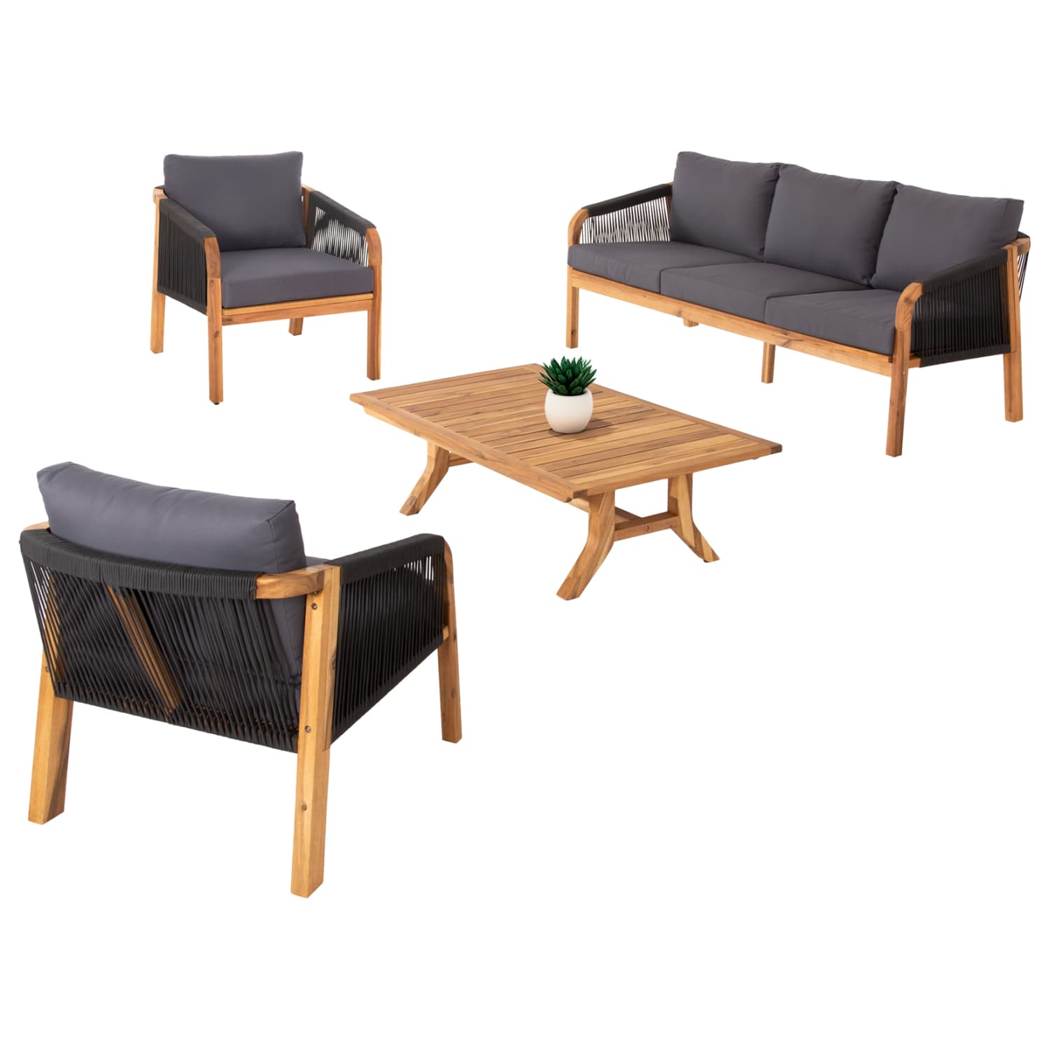 OUTDOOR LOUNGE SET 4PCS ROSSWELL ACACIA WOOD-ROUND ROPE & CUSHIONS IN ANTHRACITE