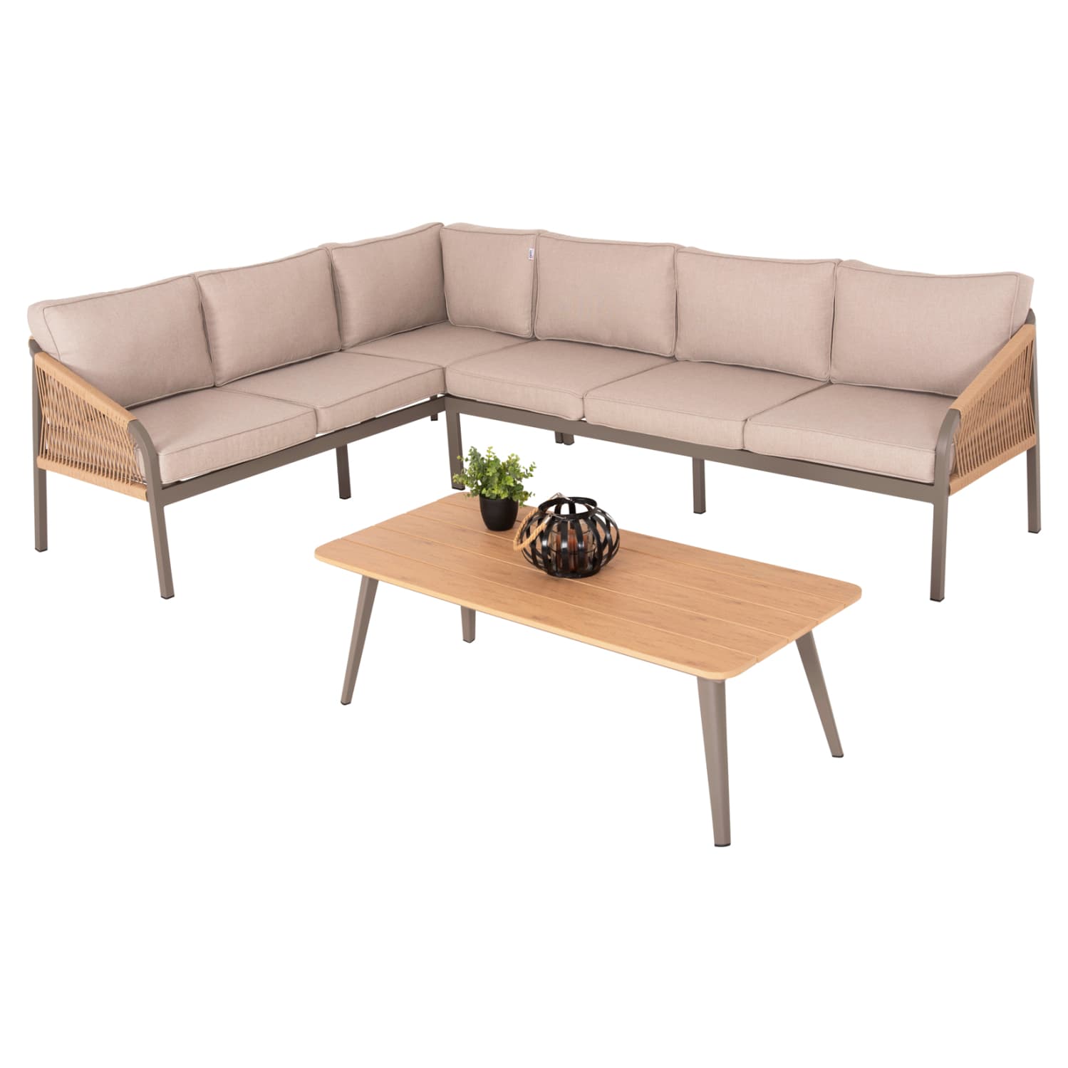 OUTDOOR CORNER LOUNGE SET MAERLY ALUMINUM & CUSHIONS IN CHAMPAGNE COLOR-BEIGE SYNTHETIC ROPE