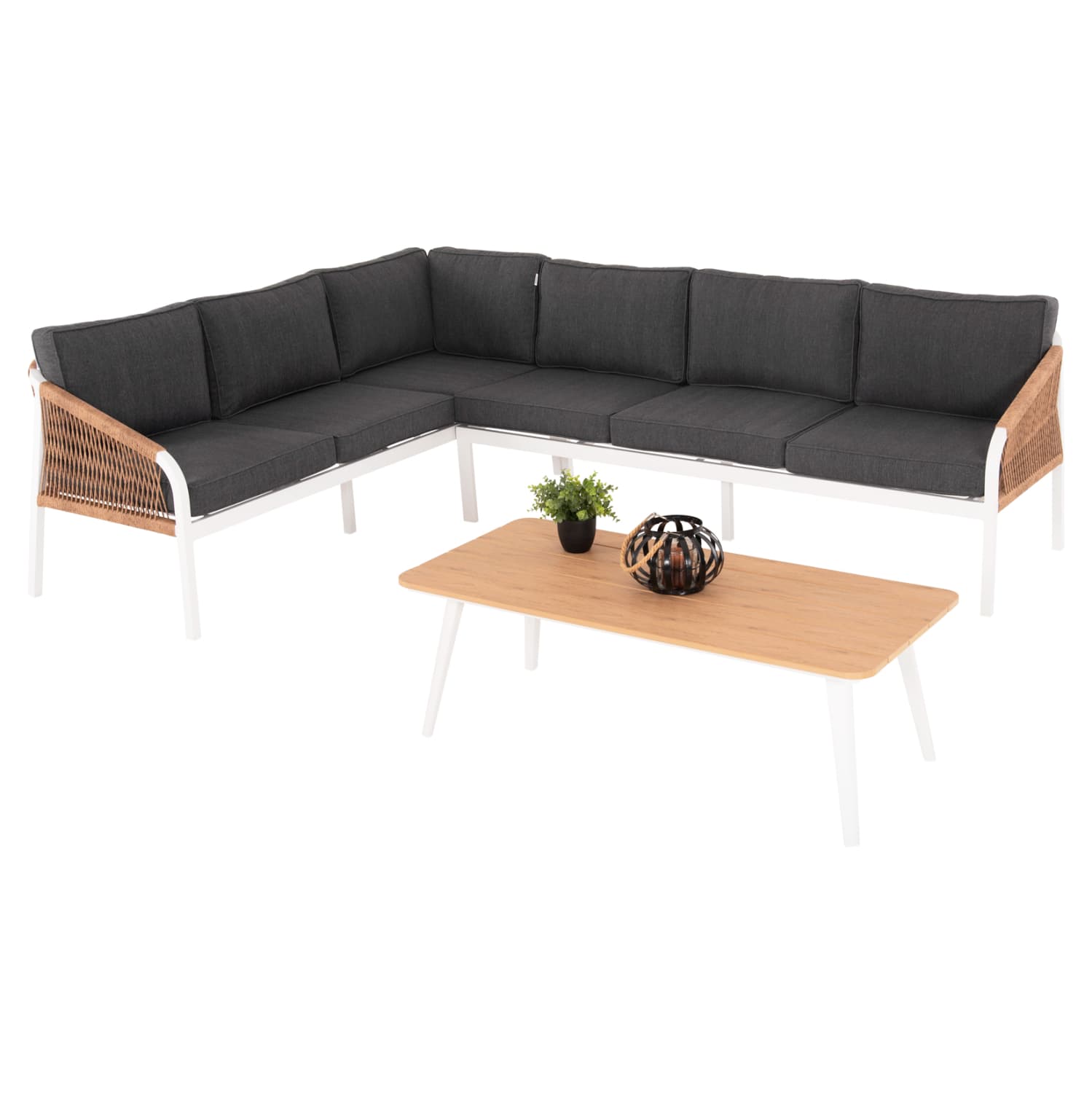 OUTDOOR CORNER LOUNGE SET MAERLY WHITE ALUMINUM-ANTHRACITE CUSHIONS-BEIGE SYNTHETIC ROPE
